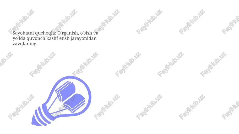 o'rqma va o'zingizga kulib qoling. kutilmagan narsada kulgili narsani toping. berishning quvonchi vaqtingizni, mahoratingizni yoki resurslaringizni berish sizga to'liqlik hissi beradi. boshqalarga yordam berish quvonch keltiradi. minnatdorchilik bildirish quvonchni oshiradi. e'tiboringiz uchun rahmat @taqdimot_robot image1.jpeg image2.jpeg image3.jpeg