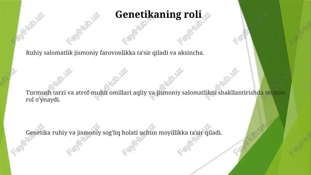 hi va yangi muammolar paydo bo'lish xavfini oshirishi mumkin. yetarli uyqu kayfiyatni, diqqatni va kognitiv funksiyani yaxshilaydi, umumiy ruhiy salomatlikni oshiradi. psixoterapiya va maslahat ruhiy salomatlik jismoniy salomatlikka ta'sir qiladi va aksincha. psixoterapiya va maslahat berish hissiy, xulqiy va ruhiy salomatlik muammolarini hal qiladi. psixoterapiya stress, tashvish, depressiya va boshqa ruhiy salomatlik muammolarini boshqarishga yordam beradi. jismoniy sog'liq holati ruhiy salomatlik muammolari fikrlarga, his-tuyg'ularga va xatti-harakatlarga ta'sir qiladi. ham ruhiy, ham jismoniy salomatlik umumiy farovonlik uchun muhimdir. jismoniy sog'liq holati tanani ta'sir qiladigan kasalliklar yoki jarohatlardir. chidamlilikni qurish ijobiy munosabatlarni rivojlantirish, qo'llab-quvvatlashni izlash va o'zingizga nisbatan mehr-muhabbatni oshirish orqali hissiy chidamlilikni shakllantiring. jismoniy chidamliligini mashqlar, sog'lom ovqatlanish va yetarli uyqu orqali rivojlantirish. jismoniy chidamliligini mashqlar, sog'lom ovqatlanish va yetarli uyqu orqali rivojlantirish. aql-tananing aloqasi yoga va meditatsiya kabi aql-tananing amaliyotlari ruhiy va jismoniy sog'liqqa foyda keltirishi mumkin. ular stressni kamaytiradi, uyquni yaxshilaydi va dam olishni rag'batlantiradi. ruhiy salomatlik jismoniy salomatlikka …