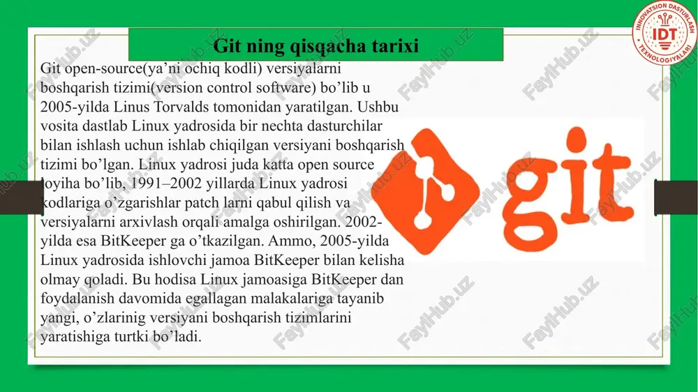 uvchi ma’lumotlarni katta bo’lmagan fayllar tizimining nusxalari to’plami sifatida ishlaydi. har safar loyihaning joriy versiyasi fiksirlangan vaqtda git loyihaning barcha fayllari nusxalarini saqlaydi. samaradorlikni oshirish maqsadida agar biror fayl o’zgartirilmagan bo’lsa bunday fayllarni nusxasini yaratish o’rniga avvalgi saqlangan nusxaga tegishli yo’llanmani(ssilka) yaratadi. bu esa git va deyarli barcha boshqa versiyalarni boshqaruvchi tizimlar orasidagi muhim farq. git asoslari git nima? – tarqatilgan versiya boshqaruv tizimi. asosiy tushunchalar: commit – koddagi o‘zgarishning “saqlangan nuqtasi”. branch – yangi imkoniyat yoki xato tuzatish uchun alohida yo‘nalish. merge – turli branchlarni birlashtirish. misol: telefoningizdagi kontaktlarni google hisob bilan sinxronlab qo‘yganingizda, telefoningiz buzilsa ham, kontaktlaringiz tarixini qayta olasiz. git ham shunday ishlaydi. jamoaviy ishlash imkoniyati nega muhim? – bir loyiha ustida bir nechta dasturchi ishlaganda fayllar chalkashib ketadi. git bu muammoni hal qiladi. afzalliklar: -har kim o‘z branchida ishlaydi -o‘zgarishlar asosiy kodga sinovdan o‘tgach qo‘shiladi misol: bank mobil ilovasini ishlab chiqishda backendchi to‘lov funksiyasini, frontendchi interfeysni, …