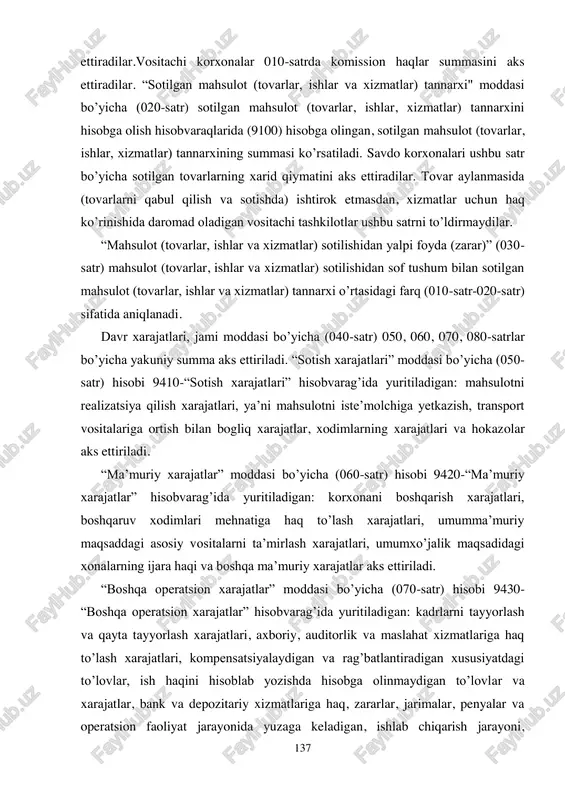 lari bo’yicha to’ldiriladi. asosiy faoliyati mol-mulkni ijaraga (lizingga) berish hisoblangan korxonalar 010-satr bo’yicha joriy hisobot davriga tegishli bo’lgan daromad summasini aks 137 ettiradilar.vositachi korxonalar 010-satrda komission haqlar summasini aks ettiradilar. “sotilgan mahsulot (tovarlar, ishlar va xizmatlar) tannarxi" moddasi bo’yicha (020-satr) sotilgan mahsulot (tovarlar, ishlar, xizmatlar) tannarxini hisobga olish hisobvaraqlarida (9100) hisobga olingan, sotilgan mahsulot (tovarlar, ishlar, xizmatlar) tannarxining summasi ko’rsatiladi. savdo korxonalari ushbu satr bo’yicha sotilgan tovarlarning xarid qiymatini aks ettiradilar. tovar aylanmasida (tovarlarni qabul qilish va sotishda) ishtirok etmasdan, xizmatlar uchun haq ko’rinishida daromad oladigan vositachi tashkilotlar ushbu satrni to’ldirmaydilar. “mahsulot (tovarlar, ishlar va xizmatlar) sotilishidan yalpi foyda (zarar)” (030- satr) mahsulot (tovarlar, ishlar va xizmatlar) sotilishidan sof tushum bilan sotilgan mahsulot (tovarlar, ishlar va xizmatlar) tannarxi o’rtasidagi farq (010-satr-020-satr) sifatida aniqlanadi. davr xarajatlari, jami moddasi bo’yicha (040-satr) 050, 060, 070, 080-satrlar bo’yicha yakuniy summa aks ettiriladi. “sotish xarajatlari” moddasi bo’yicha (050- satr) hisobi 9410-“sotish xarajatlari” hisobvarag’ida yuritiladigan: mahsulotni …