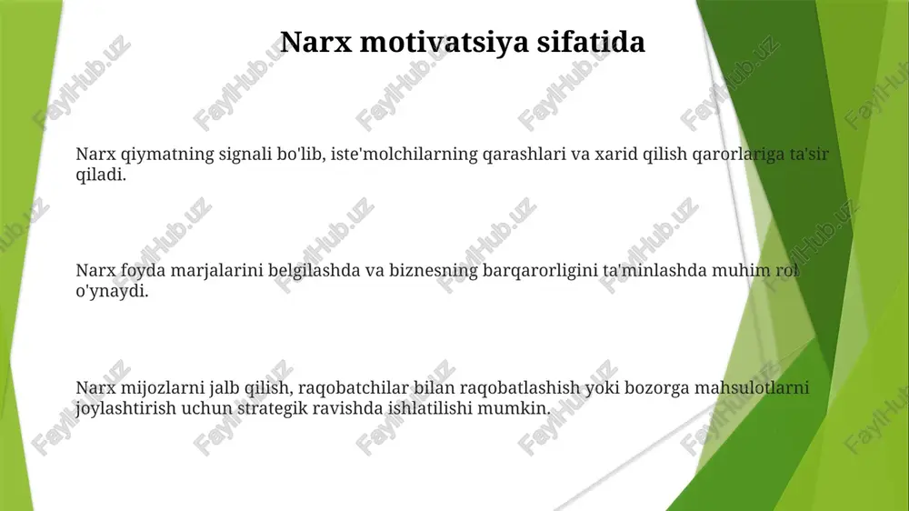 ajmlariga ta'sir qiladi. narx bu mahsulot yoki xizmat uchun to'langan miqdor. narx-talab munosabati narxdagi o'zgarishlar talab qilingan miqdorga qanday ta'sir qilishini tasvirlaydi. e'tiboringiz uchun rahmat @taqdimot_robot