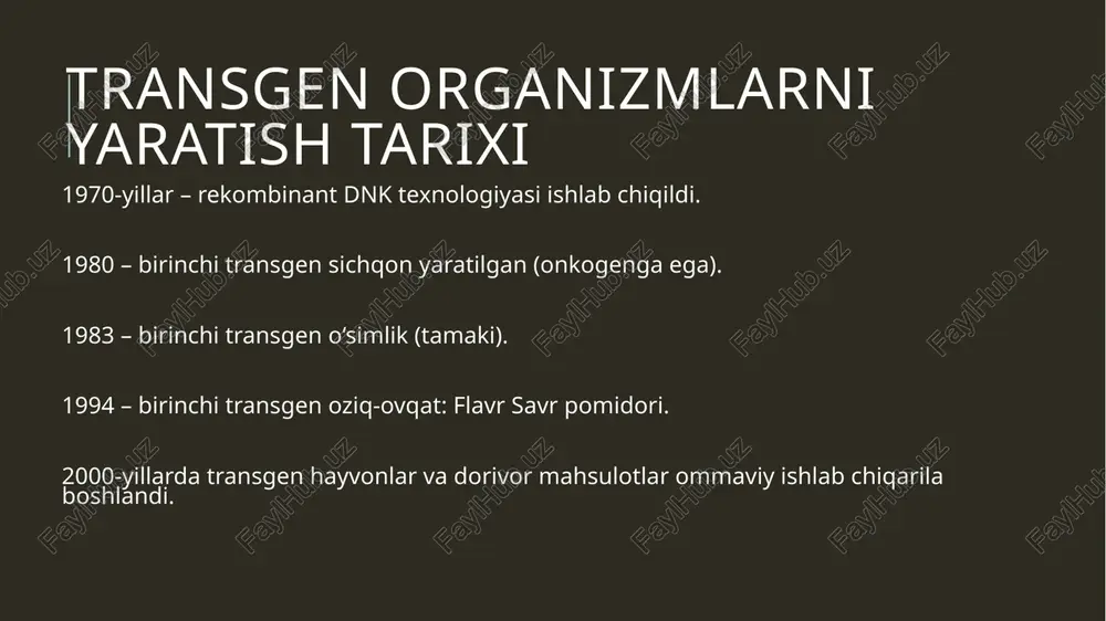 qsil sintezlovchi quyonlar covid-19 vaktsinalarida ishlatilgan transgen elementlar (masalan, mrna asosida) transgen organizmlarni nazorat qilish mexanizmlari gmolar xavfsizligi uchun xalqaro standartlar mavjud: fao/who standartlari efsa (yevropa oziq-ovqat xavfsizlik agentligi) har bir transgen mahsulot sertifikatlanadi, izchil monitoring qilinadi bioetika va transgenoz. transgenoz atrofida ko‘plab axloqiy muammolar mavjud: tabiiylik tamoyiliga zidmi? hayvon huquqlari masalasi inson dnk bilan bog‘liq tadqiqotlar (germline modification) jamoatchilik fikri: ba’zilar gmodan qo‘rqadi. boshqalar esa insoniyat kelajagi uchun zarur deb hisoblaydi transgen organizmlarni nazorat qilish mexanizmlari gmolar xavfsizligi uchun xalqaro standartlar mavjud: fao/who standartlari efsa (yevropa oziq-ovqat xavfsizlik agentligi) har bir transgen mahsulot sertifikatlanadi, izchil monitoring qilinadi transgenoz va qonunchilik. gmo mahsulotlar har bir davlatda o‘ziga xos qonunlar asosida tartibga solinadi: aqsh: gmo mahsulotlar keng tarqalgan, fda tomonidan nazorat qilinadi yevropa ittifoqi: juda qattiq talablar mavjud o‘zbekiston: oziq-ovqat va urug‘larda gmodan foydalanish cheklangan, lekin ilmiy tadqiqotlarda qo‘llanishi mumkin transgenozning kelajagi. kelajakda transgenoz quyidagi yo‘nalishlarda rivojlanishi kutilmoqda: crispr/cas9 orqali aniq …