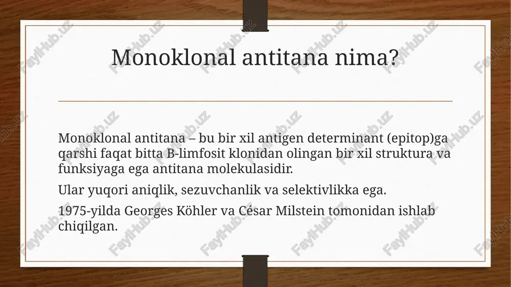 c, cdc) radiolabel yoki dorivor molekulalarni maqsadga yetkazish cheklovlar va muammolar immun javob (inson organizmida murine antitanalarga) yuksak ishlab chiqarish narxi kommersializatsiya va patentlash muammolari o‘ta sezuvchanlik yoki allergik reaksiya xavfi xulosa monoklonal antitana texnologiyasi bugungi biotibbiyot va diagnostikada inqilobiy o‘zgarishlar keltirib chiqardi. yuqori aniqlik, barqarorlik va keng foydalanish imkoniyati uni juda muhim vositaga aylantirdi. kelajakda gen injeneriyasi yordamida ko‘proq insonlashtirilgan, xavfsiz va arzon monoklonal antitanalar ishlab chiqarish yo‘nalishlari rivojlanmoqda. image5.png image6.png image3.png image4.png /docprops/thumbnail.jpeg
