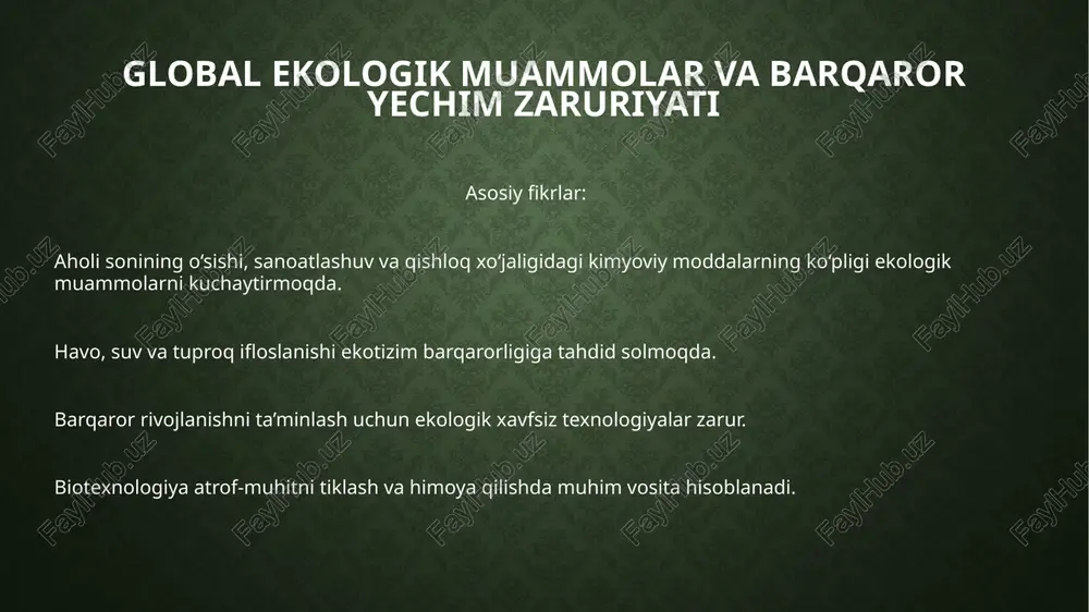 ash oqava suvlarni biologik filtrlash kelajakdagi imkoniyatlar: genetik modifikatsiyalangan mikroorganizmlar orqali yanada samarali tozalash sun’iy biologik tizimlar orqali atmosferani karbon gazlaridan tozalash atrof-muhit monitoringi uchun biosensorlar ishlab chiqish e’tiboringiz uchun raxmat! /docprops/thumbnail.jpeg