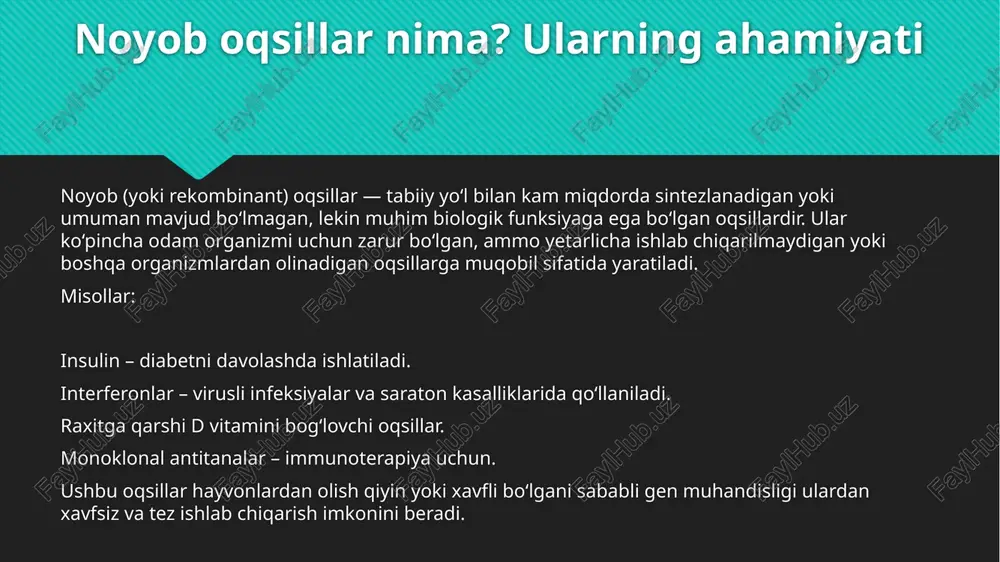 ralari (cho, hek293) yuqori darajadagi post-translatsion o‘zgarishlar (glikozillanish, fosforlanish). terapevtik oqsillar uchun eng mos, ammo qimmat va sekin o‘sadi. 4. o‘simliklar va hasharot hujayralari yuqori xavfsizlik darajasi, murakkab oqsillarni sintez qilish mumkin. gmo xavotirlari mavjud. post-translatsion modifikatsiyalar ko‘plab biologik faol oqsillar to‘liq funksional bo‘lishi uchun post-translatsion modifikatsiya talab etadi. bu oqsil sintezidan keyin yuzaga keladigan kimyoviy o‘zgarishlardir: asosiy modifikatsiyalar: glikozillanish – oqsilga shakar molekulalari birikishi (immunoglobulinlar uchun muhim) fosforlanish – signal uzatish tizimlarida kerak proteolitik kesish – oqsilning faollashtirilishini ta’minlaydi. genetik muhandislikda foydalaniladigan vektorlar. genni hujayraga kiritish uchun vektorlar ishlatiladi. vektor – genetik informatsiyani hujayraga yetkazuvchi dnk molekulasi. eng ko‘p ishlatiladigan vektorlar: plazmidalar (bakterial hujayralar uchun): kichik, doirasimon dnk virus asosli vektorlar: retroviruslar, adenoviruslar (hayvon hujayralariga gen kiritish uchun) bacmidlar – hasharot hujayralarida ishlatiladi vektorlarda: promoter (genni faollashtiruvchi element) antibiotikga chidamlilik geni (selektsiya uchun) replikatsiya boshlanish nuqtasi (ko‘payish uchun) bo‘lishi kerak. tibbiyotdagi muhim rekombinant oqsillar. bugungi kunda ko‘plab dori vositalar …