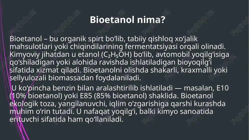 (glukoza, fruktoza) mikroorganizmlar yordamida spirt va karbonat angidridga aylanadi. eng ko‘p ishlatiladigan mikroorganizmlar – saccharomyces cerevisiae turidagi achitqi zamburug‘laridir. kimyoviy reaksiya: c_6h_{12}o_6 \r 2c_2h_5oh + 2co_2 + energiya distillatsiya va tozalash fermentatsiyadan olingan aralashma distillatsiya qilinadi. bunda har xil haroratda qaynaydigan suyuqliklar ajratiladi. etanol 78.3°c da qaynaydi, suv esa 100°c da. bu farqdan foydalanib, spirt asosiy fraksiyada ajratib olinadi. ammo oddiy distillatsiyada 90–95% dan yuqori tozalikka erishish qiyin. shu sababli yana qo‘shimcha dehidratsiya bosqichi kerak bo‘ladi. unda molekulyar elaklar yoki azeotropik usullar orqali etanol 99.5% gacha tozalanadi. tayyor bioetanolni saqlash va foydalanish olingan bioetanol maxsus zanglamaydigan metall rezervuarlarda saqlanadi. u tashishga yaroqli holatda bo‘lishi uchun harorat, bosim va namlik nazorat qilinadi. bioetanol mustaqil yoqilg‘i sifatida (e100) yoki benzin bilan aralashtirib (e10, e85) ishlatiladi. bioetanolning yoqish xususiyatlari uni ekologik alternativ yoqilg‘i sifatida dolzarb qiladi. bundan tashqari, u kimyo sanoatida, farmatsevtikada, kosmetika ishlab chiqarishda ham qo‘llaniladi. ekologik afzalliklar bioetanol ishlab chiqarish va …