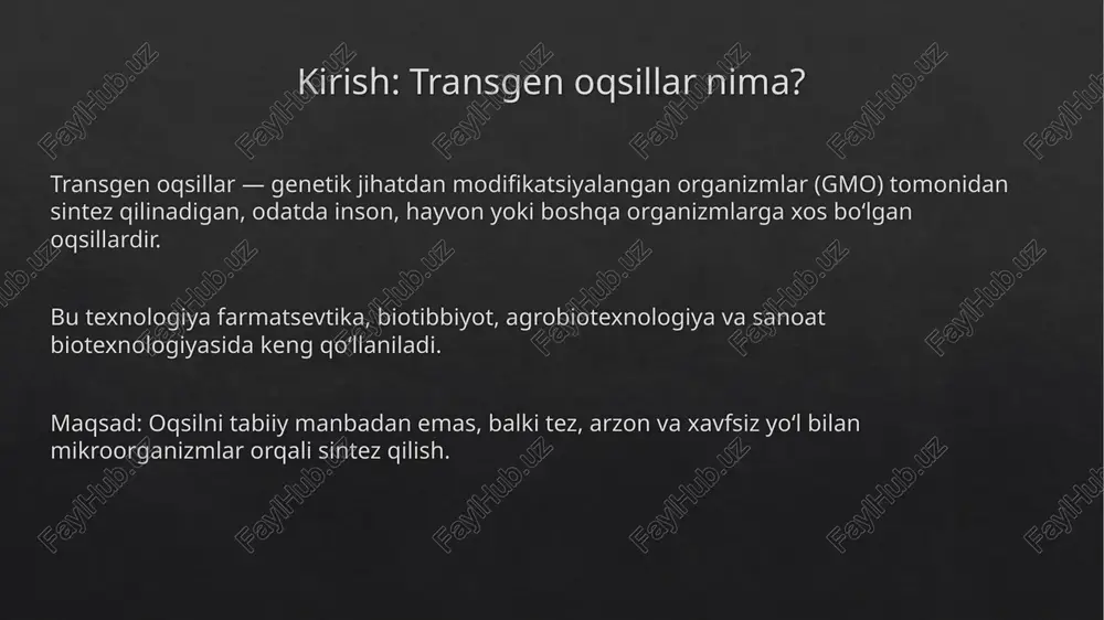 ab chiqarishda yetakchi kompaniya genentech – rekombinant insulin va o‘sish gormonlari biovac – vaksinalar uchun transgen oqsillar ishlab chiqaradi xulosa mikroorganizmlar yordamida transgen oqsillar olish – bu zamonaviy biotexnologiyaning markaziy yo‘nalishidir. bu texnologiya sog‘liqni saqlash, sanoat va atrof-muhit muhofazasida katta ijobiy o‘zgarishlar olib kelmoqda. kelajakda sintetik biologiya va crispr texnologiyasi bu sohani yanada kengaytiradi. e’tiboringiz uchun raxmat! /docprops/thumbnail.jpeg
