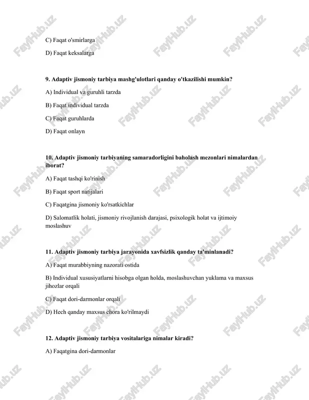 b) faqat kasalxonalarda c) faqat sport zallarida d) sport zallarida, reabilitatsiya markazlarida, maktablarda va ochiq havoda 18. adaptiv jismoniy tarbiyaning asosiy shakllariga nimalar kiradi? a) faqat suzish b) faqat gimnastika c) faqat yugurish d) davolash jismoniy tarbiyasi, sport, o'yinlar va reabilitatsiya 19. adaptiv jismoniy tarbiya jarayonida qanday psixologik yordam ko'rsatilishi mumkin? a) faqat dori-darmonlar orqali b) motivatsiyani oshirish, stressni kamaytirish va o'ziga ishonchni mustahkamlash c) hech qanday psixologik yordam ko'rsatilmaydi d) faqat tanbeh berish orqali 20. adaptiv jismoniy tarbiya qanday qobiliyatlarni rivojlantirishga yordam beradi? a) faqat jismoniy qobiliyatlar b) jismoniy, psixologik va ijtimoiy qobiliyatlar c) faqat intellektual qobiliyatlar d) faqat badiiy qobiliyatlar 21. adaptiv jismoniy tarbiya mashg'ulotlarida yuklamani qanday aniqlash kerak? a) faqat sportchining xohishiga ko'ra b) faqat murabbiyning xohishiga ko'ra c) barcha uchun bir xil d) individual imkoniyatlar, yosh va kasallik turiga qarab 22. adaptiv jismoniy tarbiya mashg'ulotlarini qanday rejalashtirish kerak? a) har doim bir xil mashqlarni takrorlash b) …