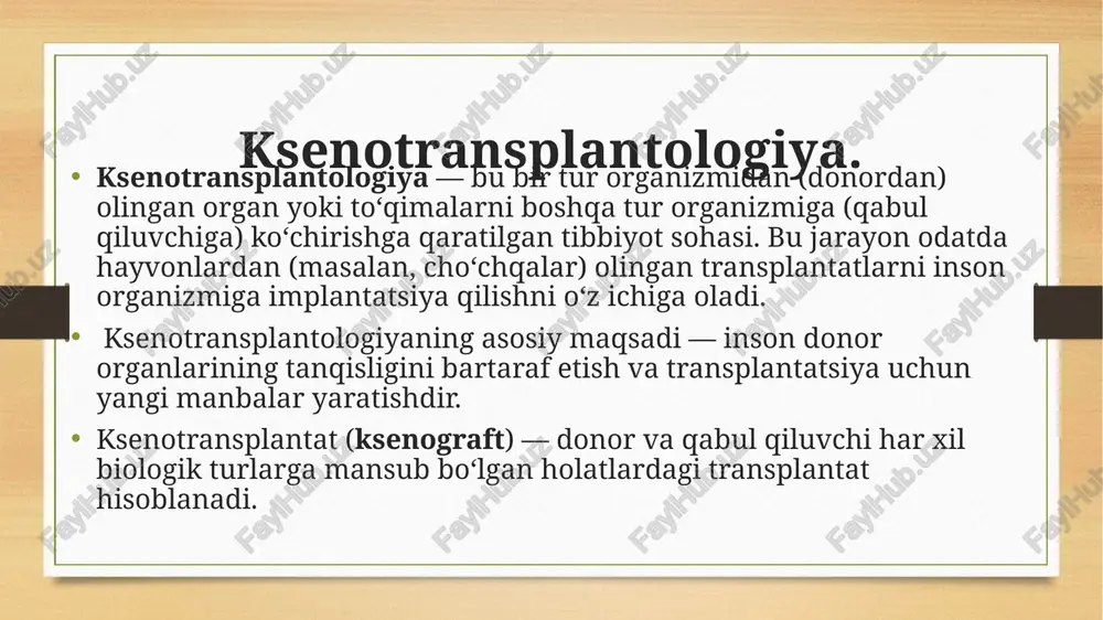 an oʻzgartirilgan choʻchqa jigarini primatlarga muvaffaqiyatli transplantatsiya qildi. 2022-yil: nyu-yorkdagi jarrohlar genetik modifikatsiyalangan choʻchqa yurakini insonga birinchi transplantatsiya qilishdi (bemar 2 oy yashadi). - fda tomonidan klinik sinovlar: 2024-yilgacha insonlarga choʻchqa organlarini transplantatsiya qilish boʻyicha rasmiy ruxsatnomalar kutilmoqda. ksenotransplantologiya kelajagi. ksenotransplantologiya regenerativ tibbiyot va gen muhandisligi bilan integratsiyalashgan holda, transplantatsiya sohasida inqilob qilishi mumkin. biroq, xavfsizlik, etika va uzoq muddatli samaradorlik masalalari hali hal etilmagan. yaqin kelajakda "hayvon-inson" gibrid organlari yordamida oʻlim darajasini keskin kamaytirish reallikka aylanishi kutilmoqda. 🌍 amaliy tajribalar va klinik ishlanmalar: 2022-yilda aqshda genetik modifikatsiyalangan cho‘chqa yuragi odamga muvaffaqiyatli ko‘chirildi (bemor 60 kun yashadi). xitoy, janubiy koreya va aqshda ksenobuyrak va ksenopankreas tadqiqotlari olib borilmoqda. ✅ xulosa: ksenotransplantatsiya — transplantologiya sohasidagi muhim innovatsiyalardan biri bo‘lib, yaqin yillarda bu texnologiya orqali minglab bemorlar hayoti saqlab qolish imkoniyati tug‘iladi. biroq, xavfsizlik, viruslar va etik masalalar hamon dolzarb bo‘lib qolmoqda. e’tiboringiz uchun raxmat! image5.png image6.png image3.png image4.png /docprops/thumbnail.jpeg