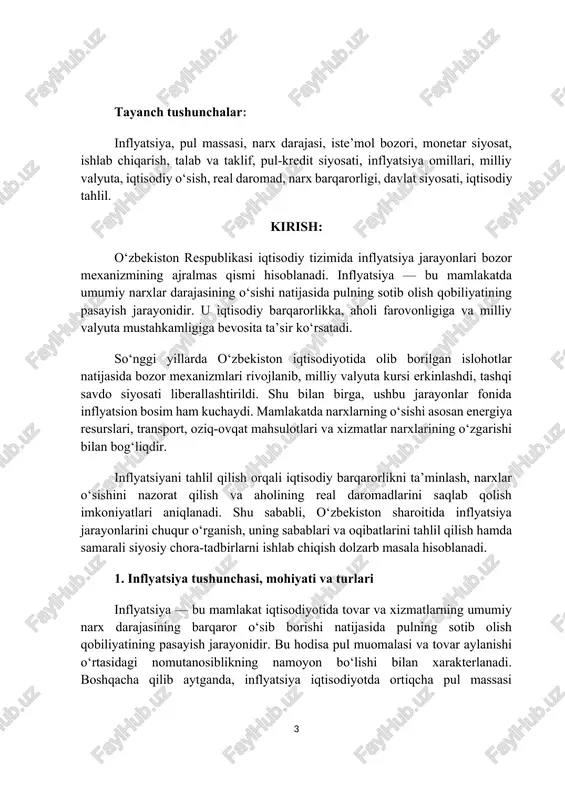 atadi. ochiq inflyatsiya narxlarning oshishi orqali namoyon bo‘lsa, yashirin inflyatsiya davlat tomonidan narxlar nazorati ostida bo‘lgan davrlarda tovar tanqisligi ko‘rinishida yuz beradi. demak, inflyatsiya murakkab iqtisodiy hodisa bo‘lib, uning turlari va shakllarini to‘g‘ri tahlil qilish iqtisodiy siyosatni shakllantirishda muhim ahamiyat kasb etadi. u nafaqat iqtisodiy, balki ijtimoiy barqarorlikka ham ta’sir etuvchi omil sifatida o‘rganilishi lozim. 2. o‘zbekiston respublikasida inflyatsiya jarayonlarining shakllanish omillari o‘zbekiston respublikasida inflyatsiya jarayonlari mamlakat iqtisodiyoti rivojlanishining turli bosqichlarida har xil shakllarda namoyon bo‘lib kelmoqda. mustaqillik yillarida iqtisodiyotning bozor mexanizmlariga o‘tish, milliy valyutaning joriy etilishi, narxlarning erkinlashtirilishi va tashqi iqtisodiy aloqalarning kengayishi inflyatsion bosimni shakllantiruvchi asosiy omillar sifatida namoyon bo‘ldi. o‘zbekiston iqtisodiyotidagi inflyatsiyaning asosiy shakllanish omillarini ichki va tashqi omillarga ajratish mumkin. ichki omillar orasida, birinchi navbatda, ishlab chiqarish xarajatlarining ortishi, energiya resurslari narxining o‘sishi, soliqlar yukining oshishi, davlat byudjeti taqchilligi va pul emissiyasi kabi omillarni ko‘rsatish mumkin. masalan, energiya va yoqilg‘i mahsulotlari narxining o‘sishi ishlab chiqarish zanjirida …