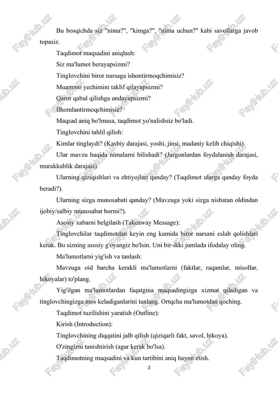 dan belgilang. q&a (savol-javob) uchun ham vaqt qoldiring. ii. kontentni va vizual yordamlarni tayyorlash kontentni rivojlantirish: sodda til: murakkab ilmiy atamalar o'rniga, tushunarli so'zlardan foydalaning. hikoyalar: ma'lumotlarni hikoyalar, misollar orqali yetkazing. hikoyalar esda qolarliroq bo'ladi. raqamlarni soddalashtirish: katta raqamlarni vizuallashtirish yoki o'xshatishlar orqali soddalashtiring. vizual yordamlarni (slaydlar) tayyorlash: oddiylik (less is more): bir slaydda juda ko'p ma'lumot joylashtirmang. har bir slaydda bitta asosiy g'oya bo'lsin. matnni kamaytirish: slaydlar sizning nutqingizning to'liq matni emas, balki asosiy fikrlarni aks ettiruvchi "tugun"lar bo'lsin. eng muhim so'zlar yoki kalit iboralardan foydalaning. yuqori sifatli vizuallar: rasmlar, grafiklar, diagrammalar, piktogrammalar kabi vizual elementlardan foydalaning. ular yuqori sifatli va mavzuga mos bo'lishi kerak. dizaynning izchilligi: shriftlar, ranglar sxemasi va umumiy dizayn butun taqdimot davomida bir xil bo'lsin. fon va shrift kontrasti: matnni o'qish oson bo'lishi uchun fon va shrift ranglari orasida yetarli kontrast bo'lsin. alohida qo'shimchalar (handouts): agar tinglovchilarga keyinchalik chuqurroq ma'lumot kerak bo'lsa, slaydlar matnini yoki …