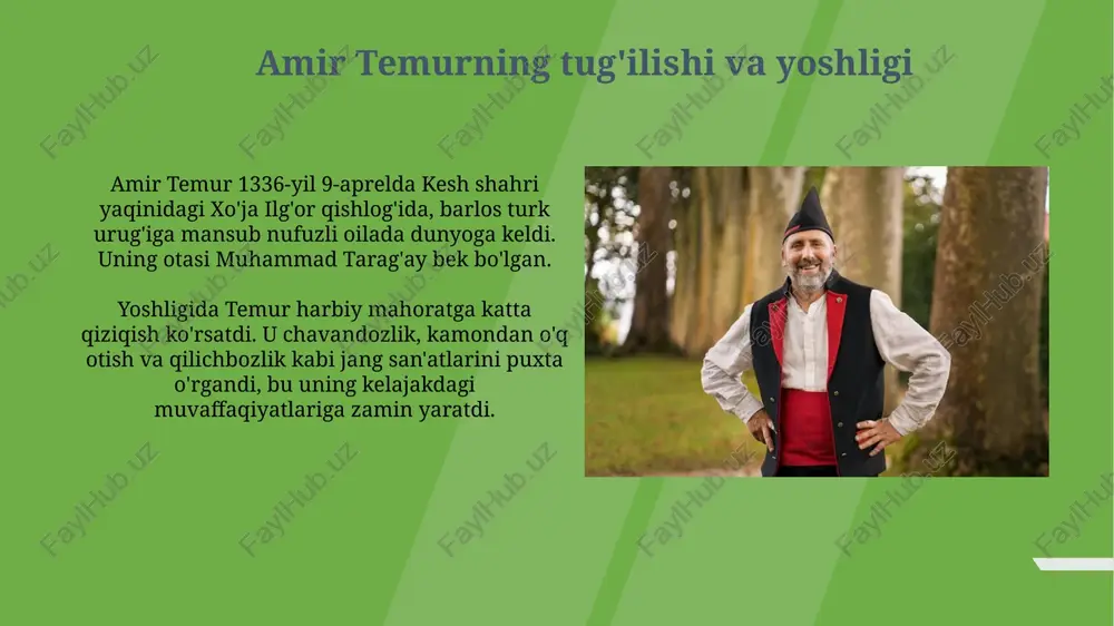 tartib oʻrnatishga intilgan, bu esa uning imperiyasini mustahkamlashga xizmat qilgan. temur oʻzining harbiy yurishlarida strategik aql-zakovati va taktika mahoratini namoyon etgan. u tezkorlik va qat’iyat bilan harakat qilib, qoʻshinlarini muvaffaqiyatli boshqargan. temurning qonunlari: temur tuzuklari «temur tuzuklari» davlat, harbiy va ma'muriy boshqaruvning 12 asosiy tamoyilini belgilab bergan. adolat, maslahat va qonun ustuvorligi temur imperiyasining barqarorligini ta'minlagan. temur o'z qo'shinini 10, 100, 1000 va 10000 askardan iborat harbiy qismlarga bo'lgan. har bir qism boshlig'i o'z askarlari uchun to'liq javobgar bo'lgan. temurning me'moriy merosi amir temur davrida samarqandda bibixonim masjidi qurilgan boʻlib, u oʻsha davrning eng yirik masjidlaridan biri edi va 4 yildan ortiq vaqt mobaynida qurilgan. temurning oʻrta osiyo boʻylab 30 yildan ortiq hukmronligi davrida qurilgan oqsaroy saroyi, uning hokimiyatini namoyish etuvchi ulkan meʼmoriy yodgorlikdir. temurning vafoti va uning merosxo'rlari amir temur 1405-yilning fevralida, 68 yoshida o'trorda xitoyga yurish paytida vafot etdi. uning o'limi imperiyada hokimiyat uchun kurashga sabab bo'ldi. temurning …