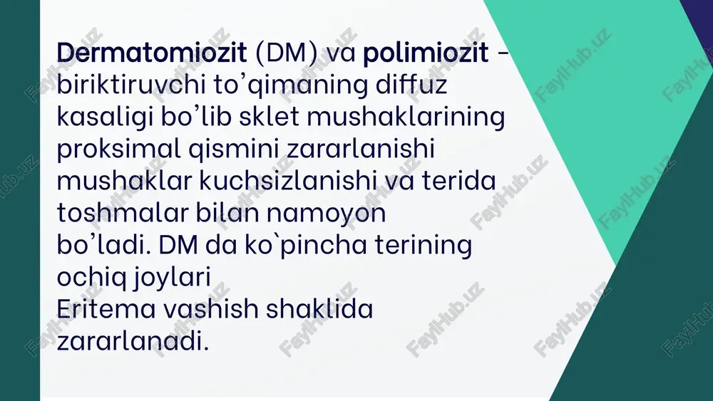 davolaganda tez o'tib ketadi. pnevmonit- interstisial to`qima shikastlanishi natijasida yuzaga kelib noproduktiv yo'tal va auskultasiyada doimiy bo'lgan xirillashlar bilan namoyon bo'ladi. bazan kasallik diffuz kechganda plevrit oqibatida ekssudat yig'ilishi mumkin. kasallik natijasida buyraklar zararlanishi kam uchrasada, ba'zi hollarda passiv mioglobinuriya oqibatida o'tkir buyrak yetishmovchiligi kelib chiqishi mumkin. klinik manzarasi. proksimal mushak zaifligi: soch taralganda, tish tozalanganda, past stuldan turganda, transportga chiqqanda kuzatiladi teri zararlanishi, fotodermatit va paraorbital sohaning « shishi, yuz terisiva «dekolte» sohaning eritemasi ustida eritematoz ko'chuvchi toshmalar (gotron simptomi), kaft terisining qizarishi va ko'chishi (mexanik qo'li) reyno disfagiya shegren sindromi reyno fenomeni, ayniqsa antisintetaz kesishma sindromida sindromidan tashqari, isitma, «mexanik qo'li rivojlanishi, o'pkaning interstisial fibrozi va revmatoidga o'xshash artrit kuzatilishi mumkin o'pka zararlanishi: o'tkir diffuz alveolit, interstisial o’pka fibrozi; miokardning zararlanishi, ritm vao'tkazuvchanlikning to'liq av-blokadasigagacha bo'lgan murakkab buzilishlar (kamdan-kam hollarda) dilyatasion kardiomiopatiya rivojlanishi mumkin (kamdan-kam); deformasiyasiz simmetrik poliartrit-ko'pincha kasallik debyutida uchrab panjaning mayda bo'g'imlarini zararlaydi; panja usti kanali …