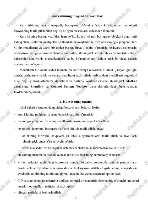gnalining ulanish vaqtlari: birinchi chiqish bo’yicha tp1=6 s. ikkinchi chiqish bo’yicha tp2=4.5 s. beriladigan signallarning qiymati: birinchi chiqish bo’yicha: o’zgarishgacha g11=1, o’zgarishdan keyin g12=3. ikkinchi chiqish bo’yicha: o’zgarishgacha g21=2, o’zgarishdan keyin g22=4. o’ta rostlash d=13% muvozanat rejimidagi xatolik d=2% o’tkinchi jarayon vaqti tpp=3.5s. 4. holat o’zgaruvchilar fazosida tasodifiy virtual ob’ektni generasiyalash ob’ektning berilgan kirish va chiqish o’zgaruvchilari soni bo’yicha holat o’zgaruvchilar fazosida tasvirlash jarayonini matlab dasturi tarkibiga kiruvchi control system toolbox qism dasturi yordamida amalga oshiramiz. berilgan funksiyaning sintaksisi quyidagichadir: sys=rss(n,p,m) ushbu funksiyani xar gal bajarganimizda yangi turg’un ob’ekt shakllanadi. kiritgan ma’lumotimizdan quyidagi hosil bo’ladi: >> sys=rss(5,2,2) a = x1 x2 x3 x4 x5 x1 -0.9336 -0.4121 0.0424 0.05346 -0.2766 x2 -0.4121 -0.8006 -0.2359 -0.2259 0.1089 x3 0.0424 -0.2359 -0.7833 0.03114 0.2467 x4 0.05346 -0.2259 0.03114 -0.5133 0.09442 x5 -0.2766 0.1089 0.2467 0.09442 -0.5917 b = u1 u2 x1 -0.3999 0.6686 x2 0 1.191 x3 0 0 x4 0.7119 -0.01979 …