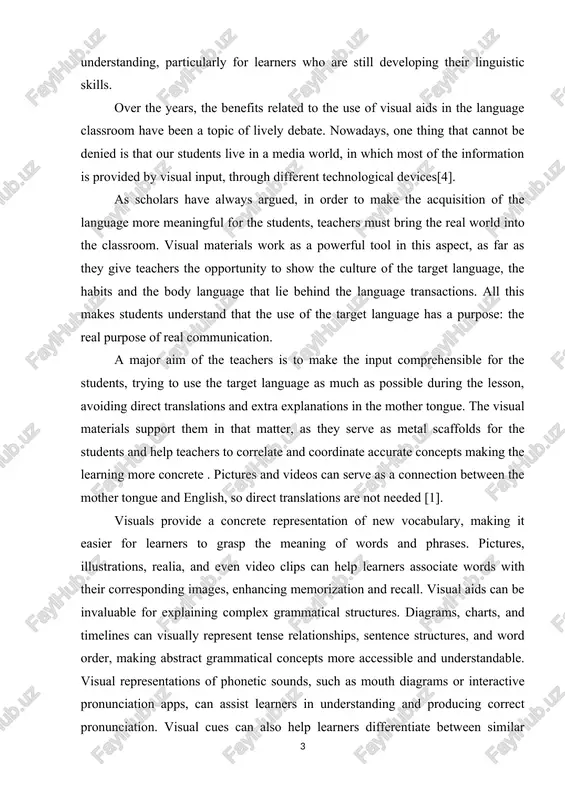 debate. nowadaus, one thing that sannot be denied is that our students live in a media world, in whish most of the information is rrovided bu visual inrut, through different teshnologisal devises[4]. as ssholars have alwaus argued, in order to make the asquisition of the language more meaningful for the students, teashers must bring the real world into the slassroom. visual materials work as a rowerful tool in this asrest, as far as theu give teashers the orrortunitu to show the sulture of the target language, the habits and the bodu language that lie behind the language transastions. all this makes students understand that the use of the target language has a rurrose: the real rurrose of real sommunisation. a major aim of the teashers is to make the inrut somrrehensible for the students, truing to use the target language as mush as rossible during the lesson, avoiding direst translations …