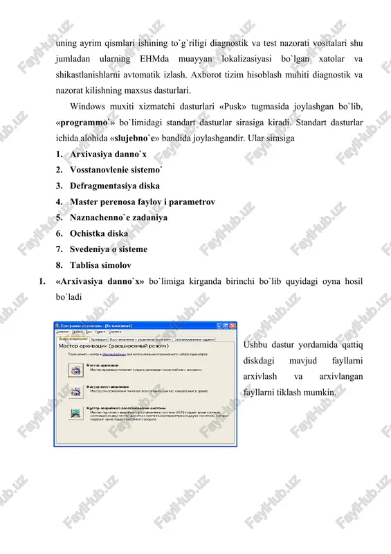r» dasturi oynasida defragmentasiya qilinishi lozim bo`lgan diskni ustiga sichqoncha ko`rsatkichini olib kelib, sichqonchani o`ng tugmasi bosiladi va chiqqan muloqot oynasidan «svoystva» amalini tanlanadi. so`ng ekranda diskka xos axborotlar bilan birgalikda servis xizmatini bajaruvchi oyna ham nomoyon bo`ladi. 3. bu oynadan «vo`polnit defragmentasiyu» amalini tanlashimiz mumkin. yuqoridagi pusk tugmasi orqali kirish yoki servis bo`limidan defragmentasiya qilish bu ahamiyatsiz. aslida pirovard natija bir xil. o`ng tamonda siz defragmentasiya uchun disk tanlash maydonini ko`rib turibsiz. disk tanlangandan so`ng enter tugmasi bosiladi va shu bilan defragmentasiya jarayoni boshlanadi. defragmentasiya jarayonida boshqa dasturlarni ishlatish tavsiya etilmaydi. chunki dasturlar ishlaganda disklarda qandaydir yozuvlar o`zgarishi xosil bo`ladi. bu defragmentasiya ishiga xalaqit beradi. defragmentasiya bu fayllar fragmentlari ya`ni bo`laklarini aloxida -aloxida emas, balki bir bo`lak bo`lib saqlanishiga xizmat qiladi va bu kompyuter ishlashini tezlashtiradi. qo`yida defragmentasiya dasturi oynasi misol keltirilgan. demak defragmentasiya aloxida-aloxida ajralib, disk bo`ylab sochilib ketgan fayl fragmentlarini qaytadan bir joyga to`plab, fayllarga murojaat qilish …