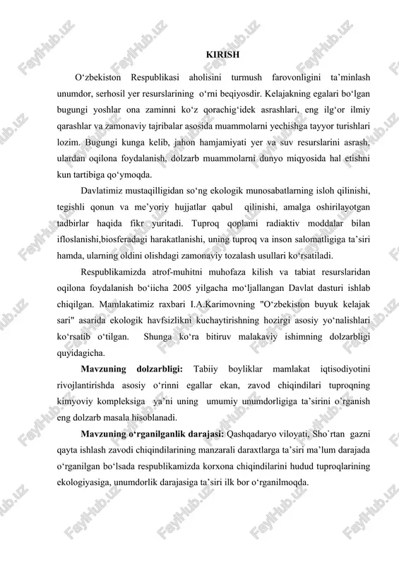 lingan. - tadqiqotning predmetlari bo‘lib, sho`rtan gazni qayta ishlash zavodining asosiy kimyoviy chiqindisi hisoblangan oltingugurt birikmalari, atrofidagi tuproqlarga ta’sirini o’rganishga xizmat qiladi. tadqiqotga qo‘llanilgan metodlar va uning metodologik asosi: agrofizik tadqiqotlar. tuproqning granulometrik (mexanik) tarkibi n.a. kachinskiy usulida aniqlandi. tuproq qattiq qismining solishtirma massasi piknometr usulida aniqlandi. tuproqning hajmiy massasi po‘lat silindr yordamida aniqlandi. tuproqning umumiy g‘ovakligi solishtirma va hajmiy massa ko‘rsatkichlari natijalariga ko‘ra foiz hisobida aniqlandi. tuproq namligi absolyut quruq tuproq massasiga nisbatan foiz hisobida termostatda quritish usulida aniqlandi. agrokimyoviy tadqiqotlar: tuproqdagi sulfat. so‘rimdagi sulfat kislotani benzidin xlorid eritmasi bilan cho‘ktirish usulida aniqlandi. metodologik asosi: o‘zbekiston respublikasi “tabiatni muhofaza qilish” qonunlari.“atrof-muhitni muhofaza qilish”, “ekologik ekspertiza to‘g‘risida”gi qonuni, prezident i.a.karimovning yer resurslaridan foydalanish va uning meliorativ holati, yerlarning tanazzuli va sho‘rlanishiga yo‘naltirilgan nutqlari, unda bayon etilgan fikrlari, tadqiqot muammosiga oid ilmiy-metodik adabiyotlarga tayanilgan. ilmiy yangiligi va amaliy ahamiyati: texnogen modda sifatida ajralib chiqadigan zavod chiqindilari –vodorod sulfid hamda sulfat angidrid …
