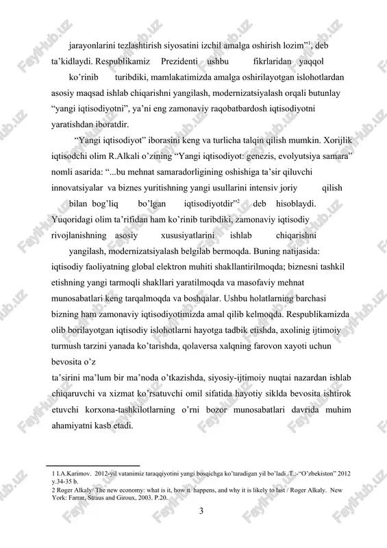 ndeksi” ma’ruzasida bayon etilgan ma’lumotlarni keltirish o‘rinli, deb o‘ylayman. ma’ruza jahon intellektual mulk tashkiloti bilan hamkorlikda tayyorlangan. ushbu ma’ruzada dunyoning 141 mamlakatidagi innovatsion rivojlanish kompleks tarzda tahlil qilingan. tahlilning asosiy tarkibiy qismlaridan biri inson kapitalini rivojlantirish darajasi bo‘lib, mazkur ko‘rsatkich bo‘yicha bizning mamlakatimiz 35-o‘rinni egallagan”[footnoteref:3] deb aytib o’tdi. [3: karimov i.a. 2012 yilda mamlakatimizni ijtimoiy-iqtisodiy rivojlantirish yakunlari hamda 2013 yilga mo’ljallangan iqtisodiy dasturning eng muhim ustuvor yo’nalishlariga bag’ishlangan vazirlar mahkamasining majlisidagi ma’ruza. 2013 yil. www.press-service.uz ] zamonaviy texnologiyalar asosida korxonalarda yangicha ishlab chiqarishni tashkil qilish, qo’shimcha xizmat turlarini taklif etish va mavjud mahsulot va xizmat turlarining sifatini oshirish asosida korxonalarni boshqarishni innovatsion jihatdan rivojlantirish zaruriyati bitiruv malakaviy ish mavzusining dolzarbligini belgilab beradi. bmi ning obyekti. tadqiqot obyekti sifatida «sirg’ali dehqon bozori» oaj ning boshqaruv faoliyatida innovatsion jarayonlarni qo’llash amaliyoti tanlangan. bmi ning predmeti. bitiruv malakaviy ishining predmeti bo’lib, korxonalarni boshqarishda vujudga keladigan tashkiliy - iqtisodiy munosabatlar hisoblanadi. bmi ning maqsadi. …