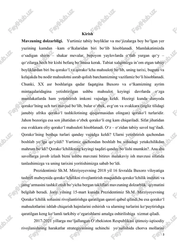 ni ochib bershga harakat qildik. mavzuni o‘rganishdan maqsad va vazifalar. bitiruv malakaviy ishni tadqiq etishda qorako‘l va qorako‘lchilikning paydo bo‘lishi, buxoro qorako‘li tavsifining qadimgi davr va o‘rta asr manbalarida yoritilishi, qadimgi davrlarga oid buxoro qorako‘li haqidagi ma’lumotlar tavsifi, buxoro qorako‘li shuhratining o‘rta asr manbalarida yoritilishi, xix asr oxiri – xx asr boshlariga oid manbalarda buxoro qorako‘lining jahondagi shuhrati, buxoro qorako‘lining bugungi holati xususidagi fikrlarni o‘z oldimizga maqsad qilib oldik. ushbu maqsaddan kelib chiqib, quyidagilarni alohida vazifa qilib belgilashni lozim topdik. -buxoro qorako‘li va qorako‘lchilikning paydo bo‘lish tarixi, eng qadimgi zamonlarda qo‘ychilik va uning ilohiylashtirilishi bilan bog‘liq fikrlarni alohida tizimga solish orqali yurtimizda qorako‘lchilikning ilk ildizlariga umumiy tavsif berish; -buxoro qorako‘lining o‘rta asr manbalarida uchrashi va uning shuhrati masalasini yoritish, sharqda xitoy va g‘arbda yevropagacha bo‘lgan mintaqalarda qorako‘l va qorako‘lcha shuhrati haqidagi fikrlarni ochib berish; - xix asrning o‘rtalarida turkiston o‘lkasi rossiya imperiyasiga qaram qilinib, qorako‘lning chetga ko‘plab eksport qilinishi va …
