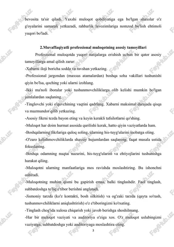 loqot jarayoniga ijobiy yondashish umumiy natijaga ta'sir qiladi. -muammolarni muhokama qilishda ham, yechimlarga e'tibor qarating va konstruktiv bo'ling. 3.professional muloqot turlari va ularni samarali qo'llash professional muloqot bir necha shaklda namoyon bo'ladi: 1. og'zaki muloqot uchrashuvlar va yig'ilishlar: tayyorgarlik ko'ring: kun tartibini biling, o'z fikrlaringizni shakllantiring. faol ishtirok eting, lekin boshqalarni bo'lmang. qisqa va mazmundor gapiring. ovoz ohangingiz, tezligingiz va pauzalaringizga e'tibor bering. prezentatsiyalar: auditoriyangizni o'rganing va ma'lumotni ularga moslang. vizual materiallardan samarali foydalaning. tanangiz tiliga e'tibor bering: ishonchli turish, ko'z kontakti. savollarga aniq va ochiq javob bering. muzokaralar maqsadlaringizni aniq belgilang. suhbatdoshning ehtiyojlarini tushunishga harakat qiling. tinglashga va savollar berishga ko'proq vaqt ajrating. xotirjamlikni saqlang va emotsiyalarga berilmang. telefon suhbatlari: ovoz ohangi, so'z tanlash va tezlik muhim. aniqlik uchun asosiy fikrlarni qayta so'rab oling. 2. yozma muloqot elektron pochta (email): mavzu sarlavhasi: aniqlik va qisqalikni ta'minlang (misol: "loyiha a bo'yicha hisobot"). salomlashish va murojaat: professional va hurmatli bo'ling. asosiy …