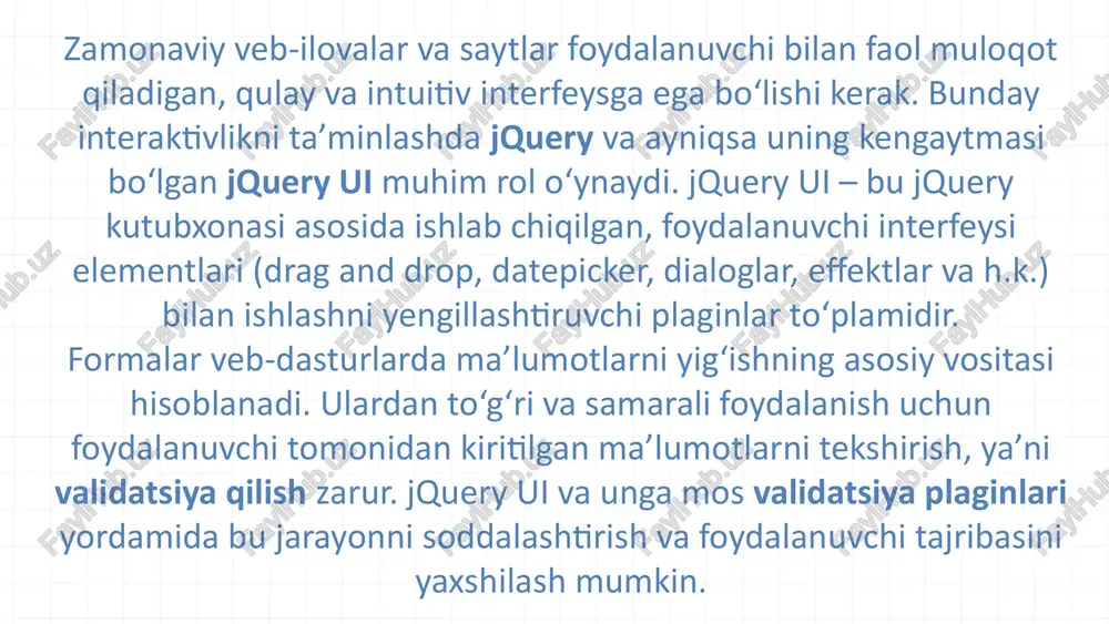 h yoki tasdiq oynasi chiqariladi (dialog()). xatoliklarni ajratib ko‘rsatish: noto‘g‘ri to‘ldirilgan maydonlar qizil bilan belgilanadi (addclass("ui-state-error")). loading animatsiyalar: forma yuborilayotganini bildirish uchun yuklanish belgisi ko‘rsatiladi (progressbar, spinner). stil va dizayn: themeroller orqali formani vizual jozibali qilish mumkin. bu usullar foydalanuvchi uchun qulaylik, aniqlik va tezkor muloqot yaratadi. jquery ui yordamida formalarni qulay, interaktiv va zamonaviy shaklda yaratish mumkin. bu kutubxona orqali forma elementlariga qo‘shimcha imkoniyatlar (datepicker, autocomplete, dialog va boshqalar) qo‘shiladi. jquery validation plaginidan foydalangan holda foydalanuvchi kiritgan ma’lumotlar avtomatik tekshiriladi. natijada, foydalanuvchi tajribasi yaxshilanadi, xatoliklar kamayadi va forma bilan ishlash osonlashadi. foydalanilgan adabiyotlar jquery ui rasmiy sayti – https://jqueryui.com jquery validation plugin hujjatlari – https://jqueryvalidation.org w3schools jquery ui bo‘yicha qo‘llanmalari – https://www.w3schools.com/jqueryui o’ktamov a.x. – “veb-dasturlash asoslari”, o‘zbekiston, 2021 image1.png image2.svg image3.png image4.svg image5.png image6.svg image7.png image8.jpeg image9.png image10.svg image11.png image12.png image13.png image14.png image15.png image16.png image17.png image18.png image19.png image20.png image21.png image22.png image23.png /docprops/thumbnail.jpeg