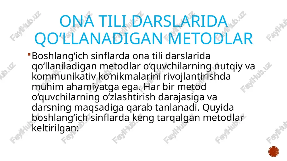 r, masalan, interaktiv veb-saytlar, video darsliklar va mobil ilovalar o‘quvchilarga qo‘shimcha materiallar va mashqlar orqali bilimlarini mustahkamlash imkoniyatini yaratadi. ona tili darslarida yuqoridagi metodlarning to‘g‘ri va muvofiq qo‘llanilishi o‘quvchilarning nutq madaniyati va bilimlarini yanada rivojlantiradi. har bir metodning o‘ziga xos afzalliklari mavjud bo‘lib, ular o‘quvchilarning ehtiyojlari va darsning maqsadiga qarab tanlanadi. ona tili darslarida qo‘llanadigan metodlar o‘qitishda innovatsion metodlar zamonaviy o‘qitish jarayonida innovatsion metodlar o‘quvchilarning faolligini oshirish, bilim olish jarayonini yanada samarali qilish va darslarni qiziqarli, interaktiv holga keltirish uchun keng qo‘llaniladi. innovatsion metodlar o‘qituvchilarni yangi texnologiyalar va metodikalar yordamida o‘qitish samaradorligini oshirishga yo‘naltiradi. boshlang‘ich sinflarda ona tili darslarida innovatsion metodlardan foydalanish, o‘quvchilarga ko‘proq imkoniyatlar yaratadi va o‘rganish jarayonini qiziqarli va samarali qiladi. quyidagi innovatsion metodlar o‘qitishda keng qo‘llanilmoqda: o‘qitishda innovatsion metodlar kompyuter va multimedia texnologiyalaridan foydalanish interaktiv doskalar va multimedia vositalari: zamonaviy interaktiv doskalar, proyektorlar va boshqa multimedia vositalari yordamida darslarni yanada interaktiv qilish mumkin. masalan, slaydlar, video materiallar …