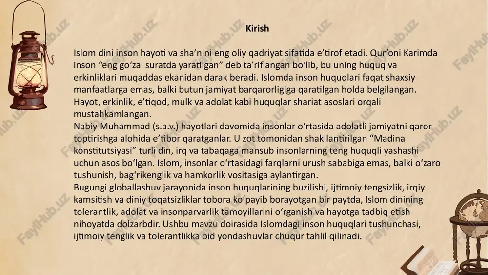 latlagan. misol uchun, qur’onda: “erkaklar qanday huquqlarga ega bo‘lsalar, ayollar ham shunday huquqlarga egadirlar” (baqara surasi, 228-oyat) deyiladi. bolalar esa mehr-muhabbat, tarbiya va ta’lim olish huquqiga egadirlar. payg‘ambarimiz (s.a.v.) bolalarni o‘pib bag‘riga bosgan, ularga yaxshi muomala qilishni buyurganlar. farzandlar uchun nafqani ta’minlash, ularni o‘qitish va yetuk shaxs qilib tarbiyalash ota-onalarning muqaddas burchi hisoblanadi. ijtimoiy guruhlar va zaif qatlamlar huquqlari islom jamiyatning barcha qatlamlariga teng va adolatli munosabatda bo‘lishni buyuradi. etimlar, kambag‘allar, musofirlar va bemorlar kabi zaif ijtimoiy guruhlar qur’on va hadislar orqali muhofaza qilinadi. zakat, sadaqa va nafaqa orqali ularning huquqlari moddiy jihatdan ta’minlanadi. payg‘ambarimiz (s.a.v.) etimlarga g‘amxo‘rlik qilishni jannatga kirish sabablaridan biri deb ko‘rsatganlar. bu yondashuv hozirgi zamon ijtimoiy ta’minot tizimlarining diniy ildizini ko‘rsatadi. ijtimoiy tenglik va adolat: islomiy jamiyatning negizi islom dinining asosiy tamoyillaridan bo‘lib, barcha insonlarning nasabi, irqi, jinsi yoki ijtimoiy mavqeidan qat’i nazar teng huquq va hurmatga ega bo‘lishini bildiradi. islomda adolat faqat huquqiy tushuncha emas, …