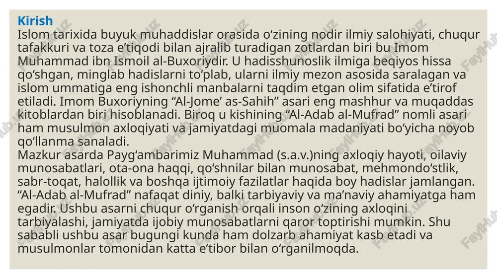la madaniyati degan tushunchani anglatadi. “mufrad” esa bu yerda boshqa to‘plamlar bilan emas, alohida tarzda yozilgan, yagona asar ekanligini bildiradi. asar tarkibiy jihatdan juda puxta tuzilgan. unda hadislar mavzular bo‘yicha guruhlangan: ota-ona haqqi, qo‘shnichilik, mehr-muruvvat, bolalar tarbiyasi, keksalarni hurmat qilish, salomlashish odobi, duo qilish madaniyati, kasallik holatlarida muomala, yetimlar bilan munosabat va boshqa shunga o‘xshash ijtimoiy va ma’naviy jihatlar alohida boblar shaklida yoritilgan. har bir bob o‘z ichiga bir nechta hadisni olgan bo‘lib, bu hadislar bevosita insoniy axloqning muayyan jihatlarini yoritib beradi. “al-adab al-mufrad” kitobi to‘plangan hadislar soni jihatdan “sahih al-buxoriy”ga nisbatan kamroq bo‘lsa-da, u o‘zining ijtimoiy-axloqiy mazmuni bilan alohida ahamiyatga ega. asar asosan buxoriy tomonidan shaxsiy to‘plam sifatida tuzilgan bo‘lib, u sahih hadislarni jamlashda ham ishonchli manbalarni tanlagan. aksariyat hadislar “sahih al-buxoriy” yoki “sahih muslim”da ham keltirilgan bo‘lib, bu asarning ishonchliligini yana bir bor tasdiqlaydi. kitobdagi asosiy axloqiy va ijtimoiy mavzular “al-adab al-mufrad”da yoritilgan hadislar islom axloqining barcha jabhalarini …