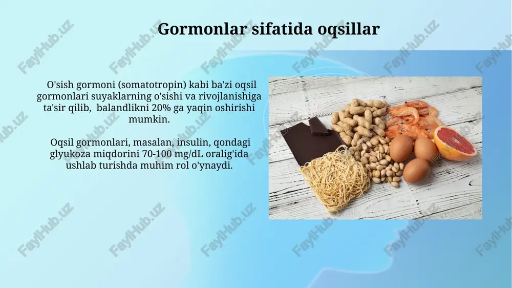 lanadi. oqsilning ikkilamchi tuzilishi vodorod bog'lanishlari orqali α-spirallar yoki β-bukmalar kabi muntazam tuzilmalar hosil qiladi va bu tuzilmalar oqsilning funktsiyasi uchun muhim ahamiyatga ega. tuzilishlarni qo'llab-quvvatlashdagi oqsillar aktin va myozin oqsillari mushaklarning qisqarishi va harakatlanishini ta'minlaydi, ularning o'zaro ta'siri natijasida 100 nm gacha bo'lgan uzunlikdagi tolalar hosil bo'ladi. oqsillar, masalan, kollagen va elastin kabi, to'qimalarning mustahkamligini ta'minlaydi, ularning mexanik kuchini 10 mpa gacha oshirishi mumkin. e'tiboringiz uchun rahmat @taqdimot_robot image2.jpg image3.jpg image4.jpg image5.jpg image6.jpg image7.jpg image8.jpg image9.jpg image10.jpg image11.jpg image12.jpg image13.jpg image1.png