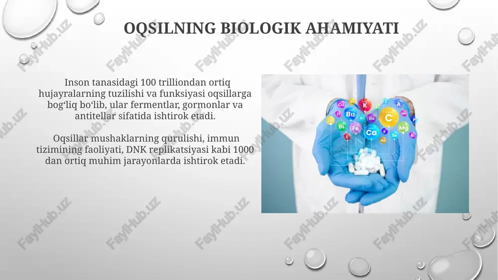 ylashgan aminokislotalar tashuvchilari aminokislotalarni faol transport yordamida qonga o'tkazishni ta'minlaydi, bu jarayon energiya sarfini talab qiladi. o'n ikki barmoqli ichakda oshqozon shirasi pepsinining ta'siri bilan boshlangan oqsil hazm qilish jarayoni ingichka ichakda tripsin, ximotripsin va karboksipeptidaza kabi fermentlar ishtirokida davom etadi. aminokislotalarni so'rish o'n ikki barmoqli ichakda aminokislotalar faol va passiv transport mexanizmlari orqali so'riladi, bu jarayonda na+-bog'liq tashuvchilar muhim rol o'ynaydi va taxminan 95-99% aminokislotalar so'riladi. har xil aminokislotalar uchun turli xil tashuvchi tizimlari mavjud bo'lib, ularning 6 ta asosiy turi aniqlangan. ularning har biri ma'lum bir aminokislotalar guruhini tashiydi. oqsilning tarkibi va tuzuvchilar oqsil molekulalarining oʻrtacha molekulyar massasi 50 kda dan 1000 kda gacha oʻzgarib turadi, bu ularning murakkab tuzilishini koʻrsatadi. oqsillar 20 ga yaqin turli aminokislotalardan tashkil topgan boʻlib, ularning ketma-ketligi va fazoviy tuzilishi oqsilning funksiyasini belgilaydi. oqsil biosintezi (oqsil ishlab chiqarish) oqsil sintezining tezligi hujayra turlariga va genetik ifodalanishga bog'liq bo'lib, sekundiga 20 aminokislota qo'shilishi mumkin. …