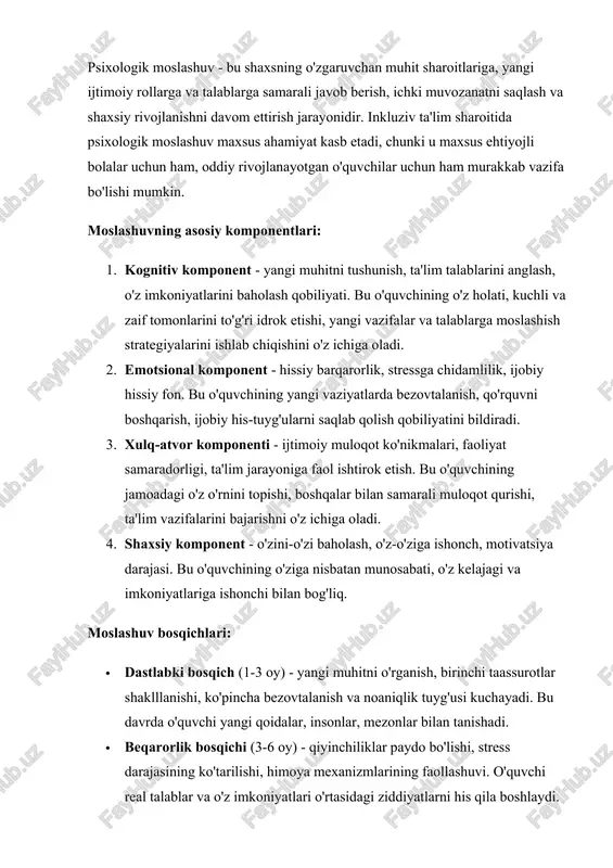 abatlar tizimi, o'z-o'zini nazorat qilish va o'zini amalga oshirishning shakllanishi. 1.3. inkluziv ta'limda maxsus ehtiyojli o'quvchilarning moslashuv muammolari maxsus ehtiyojli o'quvchilar inkluziv ta'lim muhitiga moslashuvda o'ziga xos qiyinchiliklarga duch kelishadi. bu qiyinchiliklar bolaning individual xususiyatlari, rivojlanish nuqsonining turi va darajasiga bog'liq. asosiy moslashuv qiyinchiliklari: 1. ta'lim qiyinchiliklari - o'quv materialini o'zlashtirishda sekinlik, maxsus ta'lim usullariga ehtiyoj, qo'shimcha vaqt va yordamga muhtojlik. ko'plab maxsus ehtiyojli bolalar umumiy o'quv dasturini oddiy shaklda o'zlashtirishda qiyinchiliklarni boshdan kechiradilar. 2. ijtimoiy muloqot muammolari - tengdoshlari bilan aloqa o'rnatishdagi qiyinchiliklar, o'zini tushunilmagan his qilish, ijtimoiy izolyatsiya xavfi. ba'zi bolalar muloqot ko'nikmalariga ega emas yoki ularning muloqoti cheklangan bo'lishi mumkin. 3. emotsional qiyinchiliklar - past o'z-o'zini baholash, bezovtalanish, depressiya belgilari, muvaffaqiyatsizlik qo'rquvi. maxsus ehtiyojli bolalar ko'pincha o'zlarini "boshqalar kabi emas" deb his qiladilar va bu his-tuyg'u qiyinchiliklarni kuchaytiradi. 4. fizik muhitga moslashish - arxitektura to'siqlari, maxsus jihozlarga ehtiyoj, mustaqil harakatlanish qiyinchiliklari. harakati cheklangan bolalar uchun bu ayniqsa …