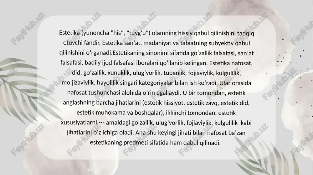 da ishtirok etar ekan, u o‘z navbatida, kishilarga jamiyatda olib borilayotgan ijobiy ishlardan zavqlanish, demokratik munosabatlarga nisbatan qiziqish tuyg‘usini uyg‘otishni o‘zining asosiy maqsadi deb biladi. shuning uchun ham estetik tarbiyaning pirovard maqsadi inson ma’naviy olamini boyitishga qaratilgan bo‘lmog‘i lozim. u insonni yangiliklar yaratishga undabgina qolmay, ayni paytda uni nafosat tamoyillari, go‘zallik talablari asosida rivojlantirishga o‘rgatadi ham.inson ana shu tuyg‘ular ta’sirida o‘zi uchun mutlaqo yangi bo‘lgan olamni kashf etadi. ayrim sa`nat asarlarini qiymati dunyoviy boyliklarda nixoyat darajada ustun turgannidek, badiiy tarbiya ham odamlarning ma`naviy boyishlarida tengi yo’q ta`sir kuchiga egadir. dunyoning yetti mo’jizasi sanalgan misr firavnlarning ehromlari, bobilning osma bog’lari, efesdagi artemida ibodotxonasi, rodosskiy xaykali va fors orolidagi mayoq hayratomuz go’zallik namunalari sanaladi. yoshlarga estetik ruhda tarbiya berishda inson shaxsiyatidagi go’zallik namunalari sanaladi. yoshlarga estetik ruhda tarbiya berishda inson shaxsiyatidagi go’zallikka ega bo’ladi. rus yozuvchi a.chexov "insonda hamma narsa go’zal bo’lish kerak" degan edi, ammo ularning orasida alohida ajralib turadigani ma`naviy …