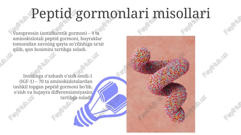 200 gacha aminokislotalardan tashkil topgan polipeptid zanjiri shaklida bo'ladi. ba'zi gormonlar, masalan, insulin, disulfid bog'lanishlari orqali hosil bo'lgan murakkab uch o'lchovli tuzilmalarga ega bo'lib, ularning faolligini aniqlaydi. oqsil gormonlari misollari insulinga o'xshash o'sish omili (igf-1) deb ataluvchi oqsil gormoni, 70 dan ortiq aminokislotadan iborat bo'lib, suyaklarning o'sishi va hujayralarning ko'payishiga ta'sir ko'rsatadi. prolaktin, sut bezlarining rivojlanishi va sut ishlab chiqarishini tartibga soluvchi 198 aminokislotali oqsil gormoni hisoblanadi. peptidlar va gormonlarning sintezlanishi 01 02 peptidlar va gormonlarning sintezlanishi ribosomalar yordamida mrna molekulalaridagi genetik kod asosida amalga oshiriladi, bu jarayon transkripsiya va translyasiya bosqichlaridan iborat boʻlib, oʻrtacha 20-30 aminokislotalardan iborat polipeptid zanjiri hosil boʻladi. sales 1st qtr 2nd qtr 100 0 sales 1st qtr 2nd qtr 100 0 peptidlar va gormonlar tadqiqotlari istiqbollari klinik tadqiqotlarning 25% dan ortig'i peptidlar va gormonlarga asoslangan bo'lib, bu sohaning tez rivojlanayotganini va kelajakda katta potentsialga ega ekanligini ko'rsatadi. oqsil asosidagi peptidlar va gormonlarning 1000 dan ortiq …