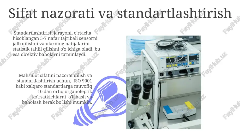 ajasida baholash mumkin. sensor tahlil natijalarini qayta ishlashda, o'rtacha qiymatlar, standart og'ish va dispersiya kabi statistik parametrlar namunaviy o'zgaruvchanlikni va ma'lumotlar tarqalishini aniqlashda muhim rol o'ynaydi. organoleptik tahlilning amaliy qo'llanilishi organoleptik tahlil qishloq xo'jaligida 50 turdagi meva va sabzavotlarning pishishi darajasini va sifatini aniqlashda, 3 bosqichli tekshirish orqali (vizual, hid va ta'm) qo'llanilib, hosilning yig'ib olinishi va saqlanishiga yordam beradi. organoleptik tahlil oziq-ovqat mahsulotlarining sifatini 5 ta asosiy hissiy sezgilar (ko'rish, hidlash, ta'm, teginish, eshitish) yordamida 10 balldan baholashda qo'llaniladi va mahsulotning iste'molchilarga jozibadorligini aniqlashga yordam beradi. ko'rish tahlili: rang, shakl, o'lcham mahsulotning o'lchamini aniqlash uchun kaliper yoki boshqa o'lchov vositalari ishlatiladi. o'rtacha o'lchamni aniqlash uchun kamida 10 ta namunani o'lchash tavsiya etiladi. ko'rish tahlili meva va sabzavotlarning 7 ta asosiy rangini aniqlashga imkon beradi, shuningdek, ularning shakli va o'lchamlari bo'yicha 3 ta asosiy kategoriyaga tasniflash mumkin. organoleptik tahlil usullarining turlari 01 02 organoleptik tahlilning asosiy 5 turi mavjud: ko'rish, …