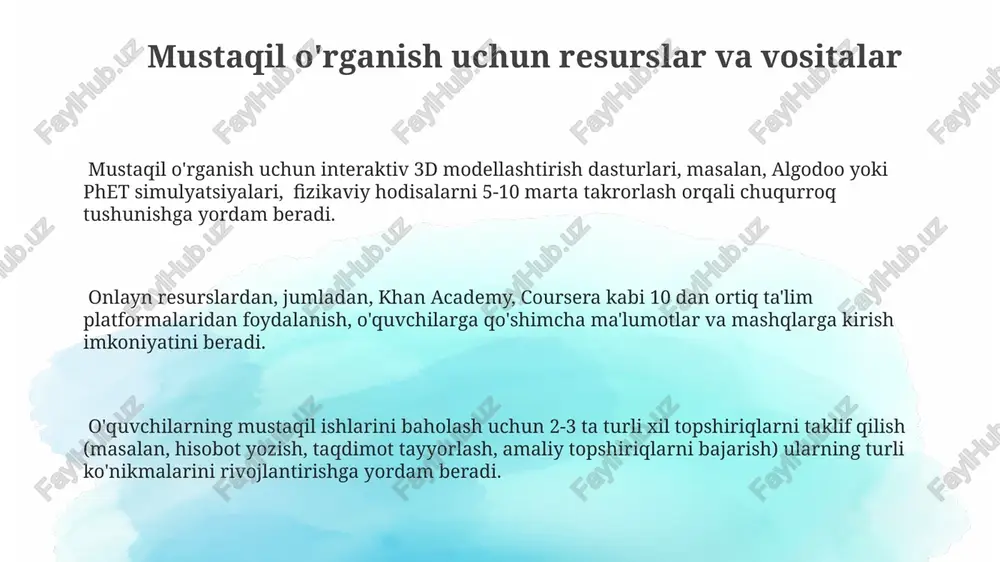 qilishlari kerak. muammoning matematik modellashtirish imkoniyatlarini o'rganish orqali talabalar 2-3 ta potentsial yechimlarni taklif qilib, har birining afzalliklari va kamchiliklarini miqdoriy va sifat jihatdan baholashlari zarur. o'quvchilarning yutuqlari va qiyinchiliklari o'quvchilarning 70% ga yaqini murakkab fizikaviy masalalarni yechishda matematik formulalarni to'g'ri qo'llashda qiyinchiliklarga duch kelishadi, bu esa natijada noto'g'ri javoblarga olib keladi. mustaqil ishlarda o'quvchilarning 30% dan ortig'i eksperimental ma'lumotlarni tahlil qilish va natijalarni grafik shaklida ifodalashda zaifliklarini ko'rsatadilar. ta'lim jarayonida o'quvchilarning atigi 25% i mustaqil ravishda fizikaviy hodisalarni modellashtirish va simulyatsiya qilish usullaridan samarali foydalanishni o'zlashtiradi. muammolarni hal qilishda jamoaviy ishlashning ahamiyati jamoaviy ishlash, murakkab fizik muammolarni 50% ga tezroq va samaraliroq hal qilishga, individual ishlashga nisbatan 15% yuqori aniqlikka erishishga yordam beradi. guruhdagi muhokamalar orqali talabalar 20% ko'proq tushunchalarni o'zlashtiradi va bilimlarini chuqurroq anglab yetadi, bu esa mustaqil ishlarda muammolarni hal qilish ko'nikmalarini rivojlantiradi. muammolarni hal qilishda 3-5 kishidan iborat guruhlarda ishlash, har bir talabaning turli yondashuvlarini ko'rish …