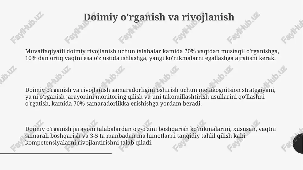 va kommunikatsiya texnologiyalaridan foydalanish axborot kommunikatsiya texnologiyalari (akt)dan foydalanish bo'yicha o'quvchilarning 21-asr ko'nikmalariga ega bo'lishlari, jumladan, ma'lumotlarni tanqidiy tahlil qilish, samarali qidirish va ishonchli manbalardan foydalanish kabi bilim va ko'nikmalariga ega bo'lishlari talab etiladi. o'quvchilarga taqdim etilayotgan onlayn resurslarning sifatini nazorat qilish, turli xil akt platformalari (masalan, moodle, google classroom) va dasturlar (masalan, microsoft office, grafik muharrirlar) bilan ishlash ko'nikmalarini rivojlantirish muhim pedagogik talab hisoblanadi. o'quv jarayonida akt vositalaridan foydalanish 30% dan ortiq samaradorlikni oshirishi va o'quvchilarning 70% da motivatsiyani kuchayishiga olib kelishi ilmiy tadqiqotlar bilan tasdiqlangan. o'qituvchilar akt integratsiyasi strategiyasini yaxshi bilishlari kerak. e'tiboringiz uchun rahmat @taqdimot_robot