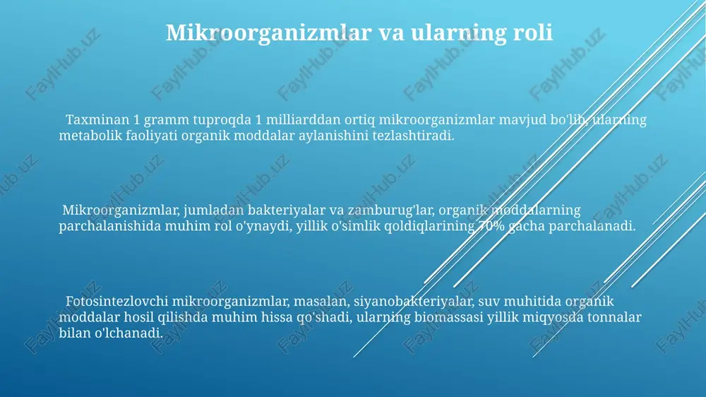 ar va hayvonlar uchun yuqori toksiklik darajasiga ega bo'lib, bioakumulyatsiya hodisasini keltirib chiqaradi. antropogen ta'sir natijasida yiliga 3,5 milliard tonnadan ortiq organik chiqindilar hosil bo'ladi, bu esa tuproqning ifloslanishiga va ekologik muvozanatning buzilishiga olib keladi. shaharlardagi organik chiqindilarning 70% gacha qismi organik moddalarni parchalanish jarayonini sekinlashtiruvchi sintetik materiallar bilan aralashgan holda bo'ladi, bu esa kompostlashni qiyinlashtiradi. organik moddaning tabiiy manbalari suv havzalari va okeanlardagi fitoplanktonlarning biomassasi yiliga taxminan 50 milliard tonna organik moddani hosil qiladi, bu global uglerod aylanishida muhim rol o'ynaydi. hayvonlarning chiqindilari, jumladan, go'ng va siydik, tuproqqa muhim ozuqa moddalarini, masalan, azot (n) va fosfor (p)ni qo'shadi, bu esa o'simliklarning o'sishini tezlashtiradi. organik moddaning 70% gacha qismi o'simliklarning qoldiqlaridan, ya'ni barglar, novdalar va ildizlarning parchalanishi natijasida hosil bo'ladi, bu esa tuproq unumdorligini belgilaydi. hayvonlar va ularning chiqindilari choʻl va yarim choʻl zonalarida yashovchi hayvonlarning chiqindilari, yillik yogʻin miqdoriga bogʻliq holda, tuproq organik moddalarining 5-10% ni tashkil qilishi mumkin. …