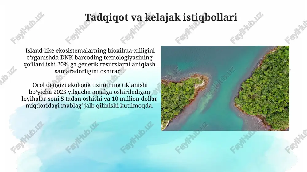 angi turlar hosil bo'lishining tezligini taxminan 2-3 baravar oshiradi. katta ko'llar, orollar singari, chegaralangan suv havzasi tufayli o'ziga xos gidrologik rejim va o'simlik hamda hayvonot dunyosining noyob turlarining hosil bo'lishiga sabab bo'ladi, masalan, 50 ga yaqin endemik baliq turi. orollarni shakllanishi va evolyutsiyasi orollarning shakllanishida vulkanik faoliyat muhim rol o'ynaydi, taxminan 70% okean orollari vulkanik kelib chiqishli bo'lib, plita tektonikasi jarayonlari orqali hosil bo'ladi. orolda koloniyalashgan turlar adaptatsiya va tabiiy seleksiya jarayonlari natijasida yangi morfologik va fiziologik xususiyatlarni rivojlantirib, evolyutsiya tezligini oshirishi mumkin. orolda yashovchi turlar orol atrofidagi orollarga xos bo'lgan qushlarning 50 ga yaqin turi, oziq-ovqat yetishmovchiligi va yashash joylarining kamayishi sababli, populyatsiyasi sezilarli darajada kamaygan. orol dengizi ekologik tizimining endemik baliq turlarining 20 dan ortiq turi, suv sathining keskin pasayishi tufayli, yo'qolib ketish xavfi ostida. e'tiboringiz uchun rahmat @taqdimot_robot image2.jpg image3.jpg image4.jpg image5.jpg image6.jpg image7.jpg image8.jpg image9.jpg image10.jpg image11.jpg image12.jpg image13.jpg image1.png