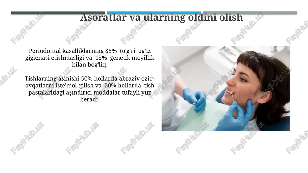 sitalaridan foydalanish, ayniqsa kariesga moyil bo'lgan odamlarda samarali profilaktika chorasi hisoblanadi. bemorga g'amxo'rlik bemorga restavratsiyadan keyin kamida 6 oyda bir marta profilaktika tekshiruvidan o'tish, tish gigienasiga rioya qilish va professional tish tozalashni amalga oshirish tavsiya etiladi. bemorga protezning yaxshi o'rnashishi va emalning shikastlanishining oldini olish uchun 1-2 hafta davomida qattiq ovqatlar, yopishqoq shirinliklar va gazlangan ichimliklardan voz kechish tavsiya etiladi. to'ldirish materiallari inley va onleylarni yasashda 4-5% dan ortiq polimerizatsiya qisilishiga ega bo'lgan kompozit materiallardan foydalanish tavsiya etilmaydi, chunki bu mikrotreshinalar paydo bo'lishiga olib keladi. metallokeramik kuronchalarda metall karkasning qalinligi 0,3-0,5 mm bo'lib, uning yuqori mustaxkamligi va biologik muvofiqligi muhim ahamiyatga ega. preparatsiya texnikasi premolyarlarning distal yuzasini preparatsiya qilishda, minimal 2 mm chuqurlikda va 135 graduslik burchak ostida okklüzal konvergentsiya ta'minlanadi. krupnix kupoloobraznix polostey (i va ii klass) preparatsiyasi 1.5 mm chuqurlikda amalga oshiriladi, distal devorning 2 mm burchakli konvergentsiyasi bilan. endodontik davolanish bilan birga restavratsiya kanalni to'ldirish materiallarining sifatiga …