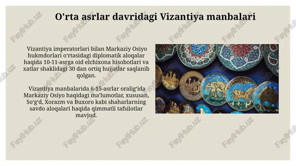 yozuvchilari tomonidan qayd etilgan markaziy osiyodagi 50 dan ortiq shahar va mintaqalar haqidagi topografik ma’lumotlar, keyinchalik yevropa sayyohlari va tadqiqotchilari uchun muhim yo’l belgisi vazifasini o‘tagan. xiv-xv asrlar davridagi sayohatlar haqidagi xronikalar xiv-xv asrlardagi sayohatlar haqidagi xronikalarda markaziy osiyoning 30 dan ortiq shahar va hududlari, ularning iqtisodiy va siyosiy holati tasvirlangan. sayohatchilarning kundaliklari va tavsiflarida markaziy osiyo xalqlarining 7 ga yaqin turli etnik guruhlari va ularning madaniyati, urf-odatlari aks etgan. xristian missiyasi va sayohatlari haqidagi yozuvlar ushbu yozuvlarda mahalliy aholi hayoti, urf-odatlari, dinlari, siyosiy tuzumlar, geografik joylashuvi va iqtisodiyoti to’g’risida noyob etnografik, tarixiy va geografik ma’lumotlar mavjud. markaziy osiyo xalqlari bilan missionerlarning munosabatlari, dinlararo muloqot va madaniy almashinuv jarayonlari haqidagi taxminan 50 dan ortiq faktik ma’lumotlarni topish mumkin. markaziy osiyo haqidagi ilk yevropa yozma manbalari markaziy osiyo haqidagi eng qadimgi yevropa yozma manbalari miloddan avvalgi 4-asrga oid yunon geograflarining yozuvlarida uchraydi, ular bu hududni “baktriya” deb atagan. 15-16-asrlardagi yevropalik sayyohlar …