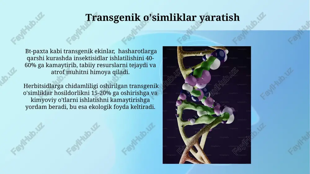 nning ifodalanishini kamida 50% ga kamaytirish orqali genlarni "susaytirish" yoki to'liq o'chirish mumkin. genlarni kiritishda crispr-cas9 texnologiyasi 90% dan ortiq aniqlik bilan maqsadli genom joylashuviga 1-2 kb uzunlikdagi dnk ketma-ketligini qo'shish imkonini beradi. transgenik hayvonlar yaratish crispr-cas9 kabi gen muhandisligi texnologiyalari yordamida transgenik hayvonlarni yaratish vaqtini 5-10 barobar qisqartirish mumkin, bu esa tadqiqotlarni tezlashtiradi. globulin genini o'zgartirilgan transgenik sut emizuvchilardan 30% ga yaqin yuqori darajada terapevtik oqsillar olish mumkin, bu esa dorilar ishlab chiqarishni sezilarli darajada oshiradi. hayvonlarning genetik tuzilishi hayvonlarning genomida o'rtacha 20 000 dan ortiq gen mavjud bo'lib, ularning har biri turli xususiyatlarni aniqlaydi va murakkab tarmoqlar orqali bir-biri bilan ta'sir o'tkazadi. genetik muhandislik yordamida hayvonlarning dnksiga 1-2 ta gen kiritish yoki olib tashlash orqali ularning immuniteti, o'sish sur'ati va boshqa ko'rsatkichlarini o'zgartirish mumkin. e'tiboringiz uchun rahmat @taqdimot_robot image2.jpg image3.jpg image4.jpg image5.jpg image6.jpg image7.jpg image8.jpg image9.jpg image10.jpg image11.jpg image12.jpg image13.jpg image1.png