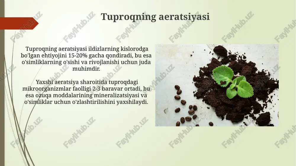 'sishi va kislorodning o'tishiga ta'sir qilib, o'simliklarning mineral ozuqalarni singdirish samaradorligini 15-25% ga oshirishi mumkin. ozuqa elementlarining tuproqda taqsimlanishi tuproqning tuzilishi va organik moddalar miqdori ozuqa elementlarining taqsimlanishiga taʼsir qilib, 1% organik moddaning qoʻshilishi ushbu jarayonni sezilarli darajada yaxshilaydi. ozuqa elementlarining 70% gacha qismi tuproqning yuqori 30 sm qatlamida toʻplanadi, bu esa oʻsimliklarning ildiz tizimining chuqurligiga bevosita bogʻliq. tuproqning yutilish sig'imi tuproqning yutilish sig'imi, uning minerallarni (masalan, kaliy, fosfor) ushlab turish qobiliyatini bildiradi va bu o'simliklarning ozuqa moddalarini 15-25% gacha samarali o'zlashtirishiga ta'sir qiladi. tuproqning ph darajasi uning yutilish sig'imiga bevosita ta'sir qiladi; masalan, 6-7 ph oralig'ida yutilish sig'imi optimal darajada bo'ladi. tuproqning fizikaviy xususiyatlari tuproqning strukturasi, agregatlarning kattaligi va shakli, suvni ushlab turish qobiliyatiga ta'sir qiladi; 1-2 mm agregatlar suvni yaxshi ushlab turishini ta'minlaydi. tuproqning donadorligi, ya'ni qum, gil va o'rtacha fraksiyalarning nisbati, uning suv singdirish va ushlab turish qobiliyatini aniqlaydi; masalan, 60% qumli tuproq tez quriydi. tuproqning ph …