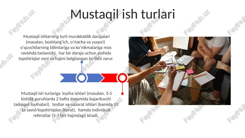 chun kun tartibini 3 qismga: shoshilinch va muhim, muhim lekin shoshilinch emas, shoshilinch emas va muhim emas bo'lib ajratish va har bir qismga sarflanadigan vaqt miqdorini aniq belgilash foydalidir. vaqtni samarali boshqarish hamkorlik va muloqot muvaffaqiyatli loyihalarni amalga oshirish uchun 5 bosqichli reja tuzish va har bir bosqichda o'zaro fikr almashish, muammolarni hal qilishda samarali hamkorlik va muloqotni ta'minlaydi. hamkorlikda 2-4 talik guruhlarda ishlash, har bir talabaning o'z vazifasini aniq bajarishi va natijalarni muhokama qilish orqali muloqot ko'nikmalarini rivojlantirishga yordam beradi. baholash mezonlari va natijalar natijalarni tahlil qilishda talabalarning 70% dan ortig'i yuqori ball olgan bo'lsa, topshiriqning murakkabligi va talabalarning tayyorgarligi darajasi qayta ko'rib chiqilishi kerak. aks holda, past ball olganlarning xatolarini aniqlash va qo'shimcha yordam ko'rsatish zarur. baholash mezonlari aniq va o'lchovchan bo'lishi kerak, masalan, 5 ball shkalasi bilan baholash va har bir ballga tegishli mezonlarni batafsil bayon qilish orqali talabalarning ishlarini 30% dan kam bo'lmagan ob'ektivlik bilan baholash …
