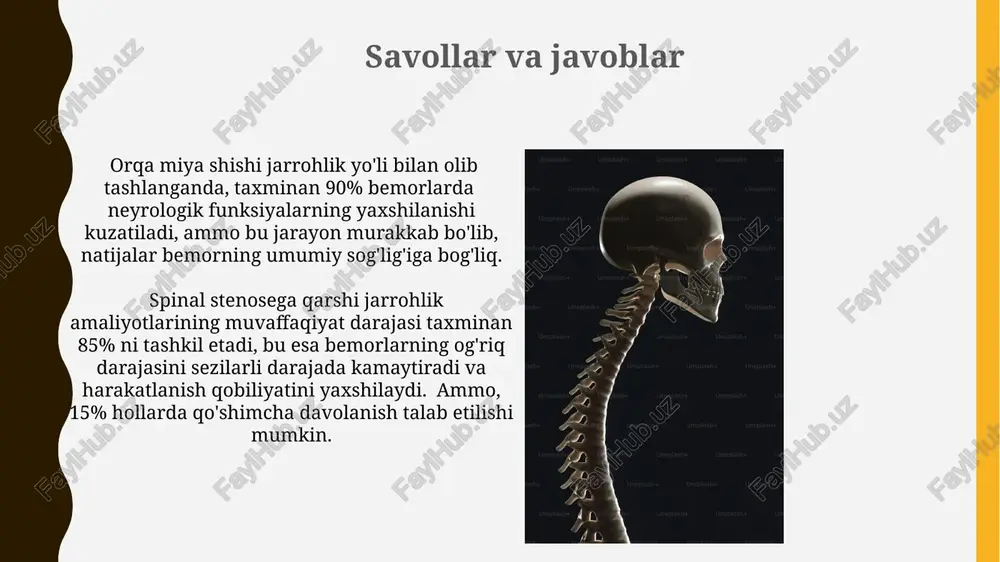 dasi asosan aksonlardan iborat boʻlib, ularning uzunligi 1 millimetrdan 1 metrgacha yetishi mumkin va turli xil traktlarni tashkil qiladi. orqa miya infektsiyalari jarrohligi orqa miya infektsiyalari jarrohligi, absess yoki empiemani drenajlashni o'z ichiga olishi mumkin, bu esa 5-10% hollarda o'limga olib kelishi mumkin bo'lgan jiddiy asorat hisoblanadi. jarrohlik davolash, meningit yoki epidural absess kabi orqa miya infektsiyalarining og'ir holatlarida, bakteriyalarni yo'q qilish va neyrologik shikastlanishni kamaytirish uchun zarur bo'ladi. antibiotik terapiyasi 6-8 hafta davom etadi. laminectomiya jarrohligi jarrohlik davomida, shifokorlar rentgenografiya va neyro navigatsiya kabi texnologiyalar yordamida aniqlikni ta'minlaydi, bu esa asab to'qimalariga zarar yetkazish ehtimolini kamaytiradi va jarrohlikning muvaffaqiyat darajasini oshiradi. laminektomiya jarrohligi orqa miya kanalini kengaytirish uchun 1 dan 5 gacha bo'lgan umurtqalar qismlarini olib tashlashni o'z ichiga oladi, bu esa siqilgan nervlarga bosimni kamaytirishga yordam beradi. mumkin bo'lgan asoratlar nerv ildizlari shikastlanishi 2% dan kam holatlarda kuzatiladi, bu esa oyoqlarda kuchsizlik, sezuvchanlikning yo'qolishi yoki siydik-naj chiqarish buzilishiga …