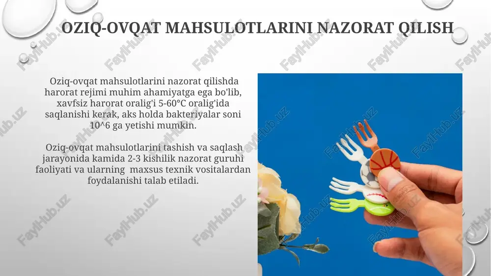 yektlarining sanitariya-gigiena rejimi, zararli moddalar me'yoridan oshib ketishining oldini olish bo'yicha choralarni belgilaydi. oziq-ovqat tayyorlash texnologiyalari oziq-ovqat mahsulotlarini 2-8°c haroratda saqlash, ularning mikrobial buzilishini 5-10 barobar sekinlashtiradi va xavfsizlik muddatini uzaytiradi. konservalash jarayonida 121°c da 15-20 daqiqa davomida sterillash, clostridium botulinum kabi xavfli bakteriyalarning sporalarini yo'q qilishni ta'minlaydi. mikrobiologik xavfsizlik mikrobiologik xavfsizlikka erishish uchun oziq-ovqat mahsulotlarida patogen bakteriyalar soni, masalan, salmonella yoki e.coli, 1 grammda 100 dan kam bo'lishi kerak. oziq-ovqat mahsulotlarini 70°c dan yuqori haroratda 2 daqiqadan kam bo'lmagan vaqt davomida issiqlik bilan ishlov berish ko'plab patogen mikroorganizmlarni yo'q qiladi, mikrobiologik xavfsizlikni ta'minlaydi. oziq-ovqat gigienasi vazifalari oziq-ovqat gigienasi, 20 dan ortiq turdagi patogen bakteriyalar, viruslar va parazitlarning tarqalishini oldini olish maqsadida, xavfsizlik va sifat standartlariga rioya qilishni ta'minlashga qaratilgan. oziq-ovqat gigienasi vazifalariga 5 ta asosiy bosqich kiradi: xom ashyo nazorati, ishlab chiqarish jarayoni, saqlash, tashish va sotish, har bir bosqichda mikrobial kontaminatsiyani oldini olish choralarini o'z ichiga oladi. kimyoviy …