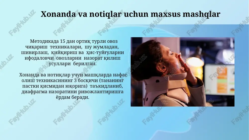 bo'lib, 2-3 oy davom etadi va ovoz yuklamasini boshqarishni o'z ichiga oladi. ovoz buzilishlarining tasnifi taptopova metodikasi ovoz buzilishlarini 3 asosiy guruhga: organik, funktsional va nevrotik bo'linishini taklif qiladi, har bir guruh o'ziga xos 10 ga yaqin kenja turga ega. ovozning organik buzilishlari orasida 20 dan ortiq turli kasalliklar, shu jumladan, tug'ma nuqsonlar, yallig'lanish jarayonlari va o'smalar hisobga olinadi. mashqlar kompleksi kompleksda 5 ta asosiy tovush hosil qilish bo'yicha mashq guruhlari mavjud bo'lib, har biri ovozning turli parametrlarini, masalan, balandlik, kuch va tembrini rivojlantirishga qaratilgan. taptopova metodikasi bo'yicha "mashqlar kompleksi"da nafas olish mashqlari 10 ga yaqin turdagi maxsus texnikalarni o'z ichiga oladi, ular ovoz hosil qilish mexanizmini yaxshilashga qaratilgan. nafas olish mexanizmining ahamiyati diafragmaning toʻgʻri ishlashi ovozning kuchini 15-20% ga oshirishga, uning sifatini yaxshilashga yordam beradi, bu taptopova metodikasi uchun muhim ahamiyatga ega. nafas olish mexanizmining buzilishi ovoz hosil boʻlishining 30% gacha boʻlgan qismini tashkil qilishi mumkin va taptopova metodikasi …
