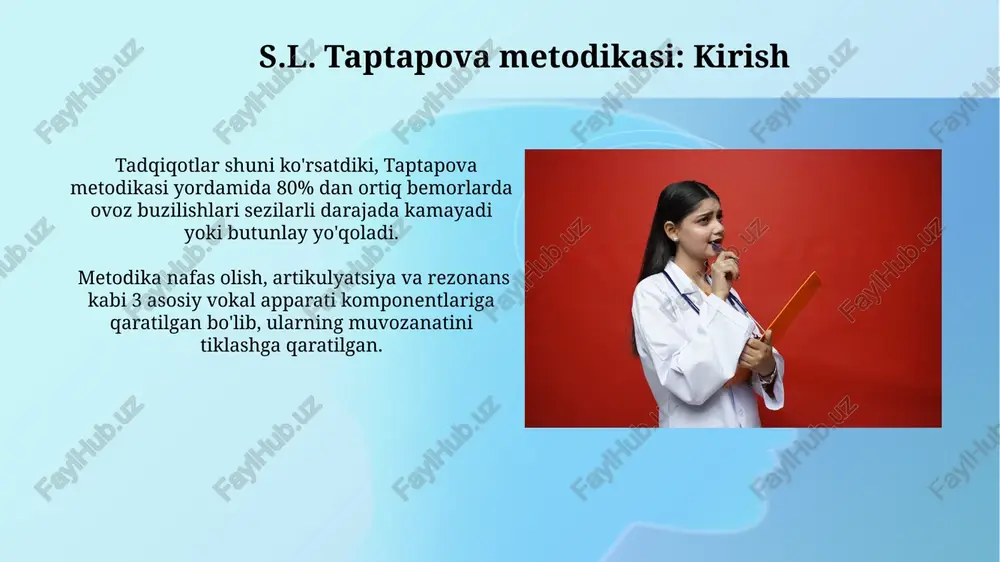 p uchraydi. neyrogen ovoz buzilishlari, masalan, rekurrant nervning falaji, umumiy ovoz buzilishlarining taxminan 5-10% ni tashkil etadi va asosan nevrologik kasalliklar bilan bog'liq. ovoz yuklamasini boshqarish ovoz yuklamasini samarali boshqarish uchun taptapova metodikasi ovoz hajmini va balandligini optimal darajada ushlab turish bo'yicha individual yondashuvni, turli tovush chastotalaridan foydalanishni o'z ichiga oladi. metodika, ovoz organlarining anatomik xususiyatlarini hisobga olgan holda, kun davomida ovozga 10-15 minutlik tanaffuslarni kiritishni tavsiya qiladi, bu esa ovoz charchoqini sezilarli darajada kamaytiradi. natijalarni baholash va monitoring davolash jarayonining monitoringi haftada 2 marta ovoz parametrlarini (chastota, intensivlik) o’lchash va bemorning subyektiv hissiyotlarini baholash orqali amalga oshiriladi. natijalarni tahlil qilishda, o’rtacha 3 oylik davolashdan keyin ovoz sifati va nutq funksiyalarining 70% dan ortiq yaxshilanishi kuzatiladi. rezonans va intonatsiya ustida ishlash intonatsion diapazonni kengaytirish uchun, kamida 2 oktava oralig’ini qamrab oluvchi, nafas olish va ovozni boshqarish texnikalarini birgalikda qo’llash tavsiya etiladi. rezonansni 3 bosqichda, ya’ni past, o’rta va yuqori rezonans …
