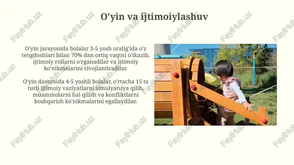 in tashkil etish kerak. bu ularning ijodkorligini rivojlantiradi. o'yin muhitini tashkil etishda 3-5 yoshli bolalar uchun kamida 2 ta turli o'yin zonasini (masalan, qurilish, rol o'ynash) ajratish va har bir zonasini tegishli o'yinchoqlar va materiallar bilan jihozlash muhim. e'tiboringiz uchun rahmat @taqdimot_robot image2.jpg image3.jpg image4.jpg image5.jpg image6.jpg image7.jpg image8.jpg image9.jpg image10.jpg