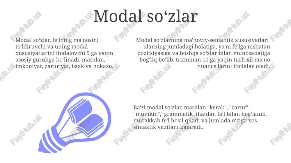 kumlariga aylanishi mumkin, bu jarayon derivatsiya deb ataladi va 10 dan ortiq usulda amalga oshiriladi. fe'l kesimlari grammatik jihatdan zamon, mayil, kishi va son kategoriyalariga ega bo'lib, ularning har biri nutqda ma'lum bir vazifani bajaradi; jumlada fe'lning 3 ta asosiy vazifasi mavjud. oʻzbek tili leksikasining tasnifi oʻzbek tili leksikasini 3 ga yaqin asosiy qismga: ona soʻzlar, oʻzlashgan soʻzlar va xalqaro soʻzlarga boʻlish mumkin, ularning nisbati tarixiy va ijtimoiy omillarga bogʻliq. leksikografik tasnifda 100 000 dan ortiq soʻz birliklari mavjud boʻlib, ular morfologik, semantik va etimologik xususiyatlariga koʻra guruhlarga ajratiladi. oʻzbek tili leksikasining dialektal xususiyatlari regional leksika va professional terminologiyalarni oʻz ichiga olib, taxminan 20 ga yaqin dialektal guruhlarga boʻlinadi. sifatlar sifatlarning 3 ta asosiy turi mavjud: sifat-ismlar (masalan, "yaxshi kishi"), sifat-fe'llar (masalan, "tez yuguradigan") va o'zgaruvchan sifatlar (masalan, "katta", "kichik"). bular morfologik xususiyatlariga ko'ra farqlanadi. sifatlarning darajalarini ifodalovchi qo'shimchalar 2 ta asosiy guruhga bo'linadi: nisbiy daraja (bir narsaning boshqa narsaga …