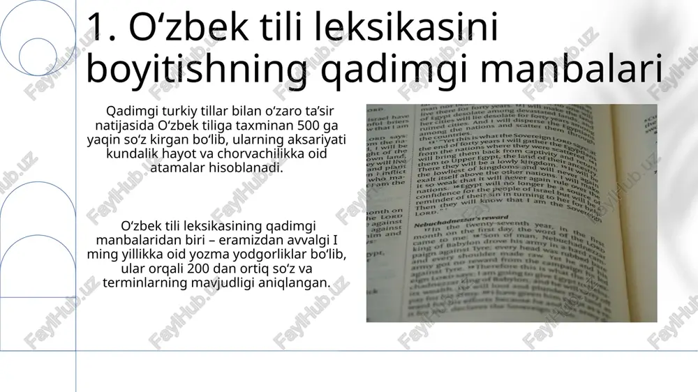 tik kategoriyalar paydo boʻldi. xix asrda rossiya imperiyasi davrida oʻzbek tiliga ruscha qoʻshimchalar bilan 500 dan ortiq yangi soʻzlar qoʻshilgan, bu lugʻat boyligini sezilarli darajada oshirdi. 11.xalq ogʻzaki ijodiyoti xalq og'zaki ijodiyoti, jumladan, maqollar va topishmoqlar, o'zbek tili lug'atini 5000 dan ortiq so'z bilan boyitgan. o'zbek tilining fonetik va leksik xususiyatlarini aks ettiruvchi 2000 dan ortiq turli xil xalq og'zaki ijodiyot namunalari aniqlangan. 12.madaniy almashinuv o‘zbek tili lug‘at boyligini kengaytirishda madaniy almashinuvning roli beqiyos bo‘lib, 15-18-asrlar davrida adabiyot, fan va san’at sohalarida faol ishtirok etgan. madaniy almashinuv jarayonida so‘zlar nafaqat to‘g‘ridan-to‘g‘ri o‘zlashtirilgan, balki fonetik va morfologik o‘zgarishlarga uchrab, o‘zbek tilining fonologik sistemasi bilan uyg‘unlashgan. 13.globalizatsiya jarayoni jahonlashuv jarayoni o'zbek tili leksikoniga 1500 dan ortiq anglischa so'zlarning kirib kelishiga, xususan, texnik va iqtisodiy sohalardagi atamalarning ko'payishiga olib keldi. jahonlashuv davrida media va internet texnologiyalarining ta'siri bilan 3000 dan ziyod yangi so'z va iboralar kirib kelib, yoshlar tilida faol qo'llanilmoqda. bu esa …